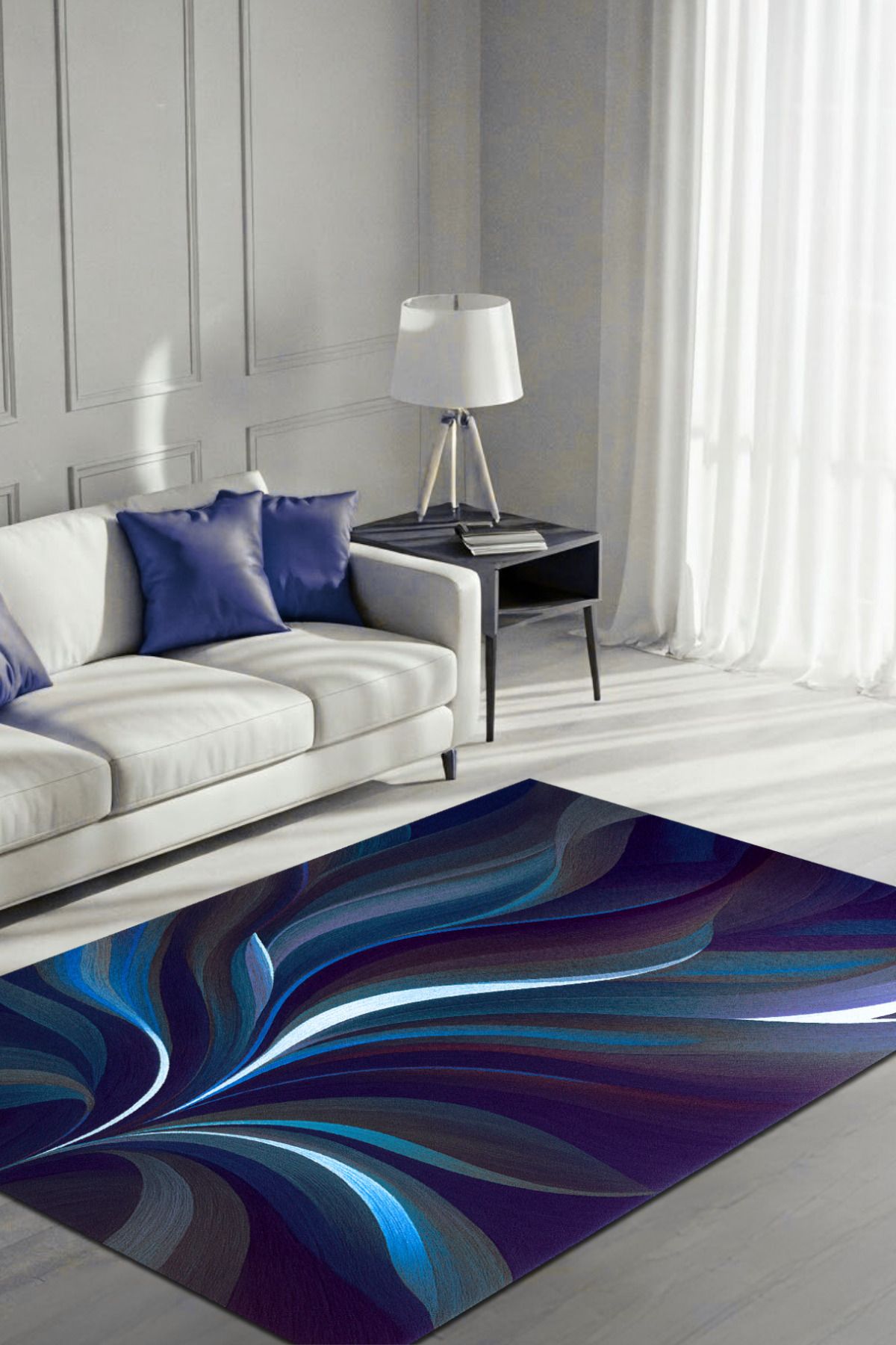 The Reef Design Lacivert Yapraklı Halı Dijital Baskılı Dokuma Kaymaz Tabanlı Yıkanabilir Antialerjik Salon Halısı