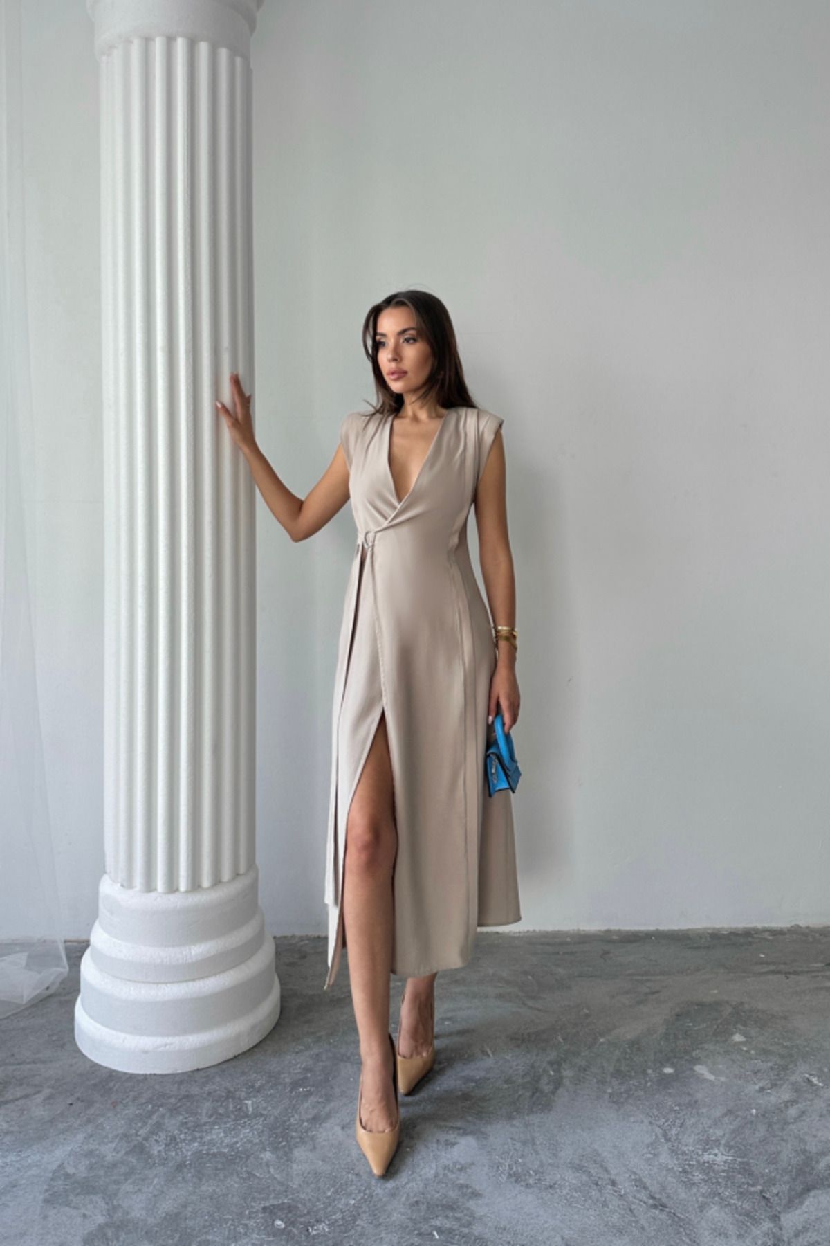 velmorafashion KRUVAZE VATKALI KOLSUZ ELBİSE MODAL KUMAŞ - Bej