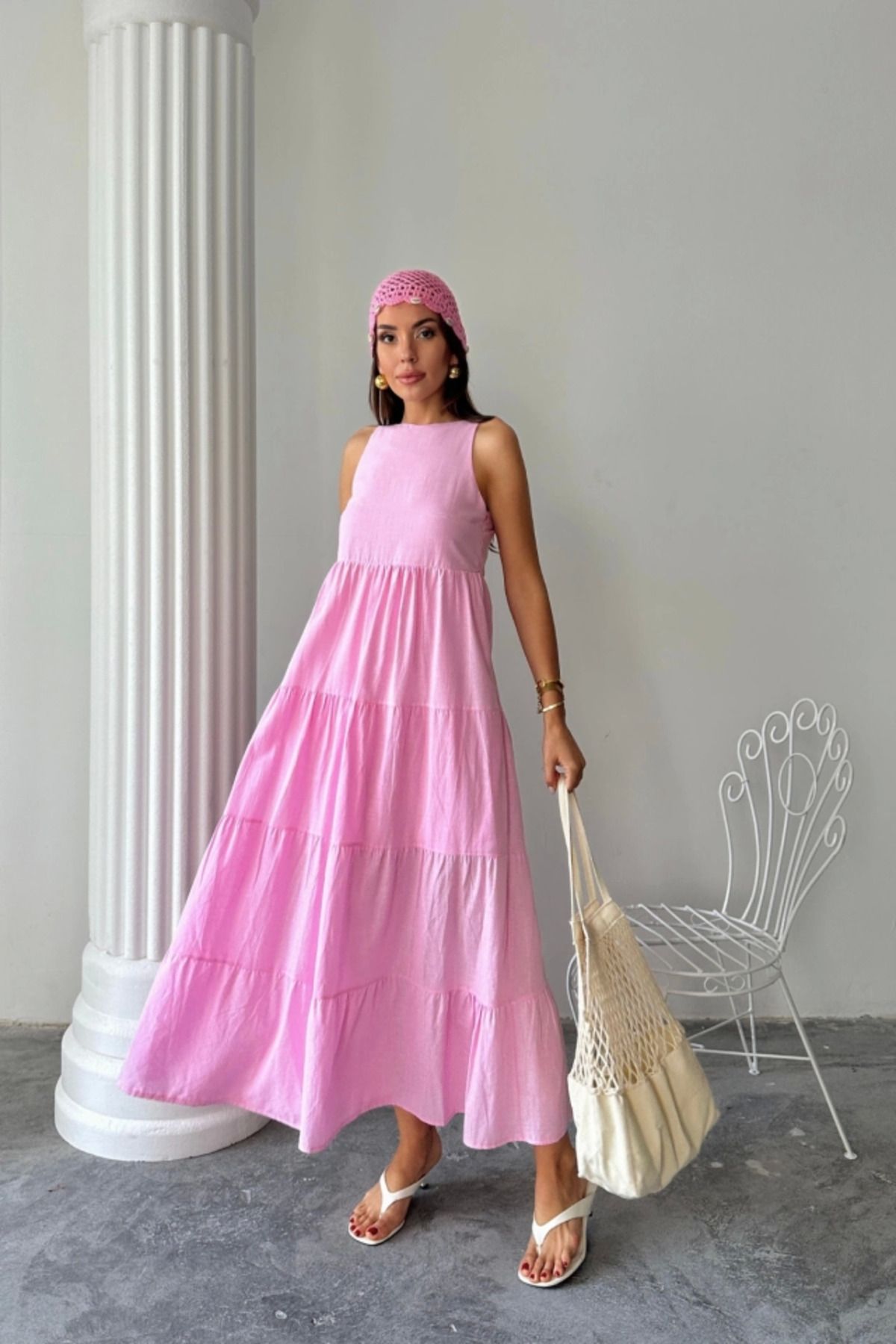 ZORM KOLSUZ UZUN FLAM KETEN ELBİSE - Pembe