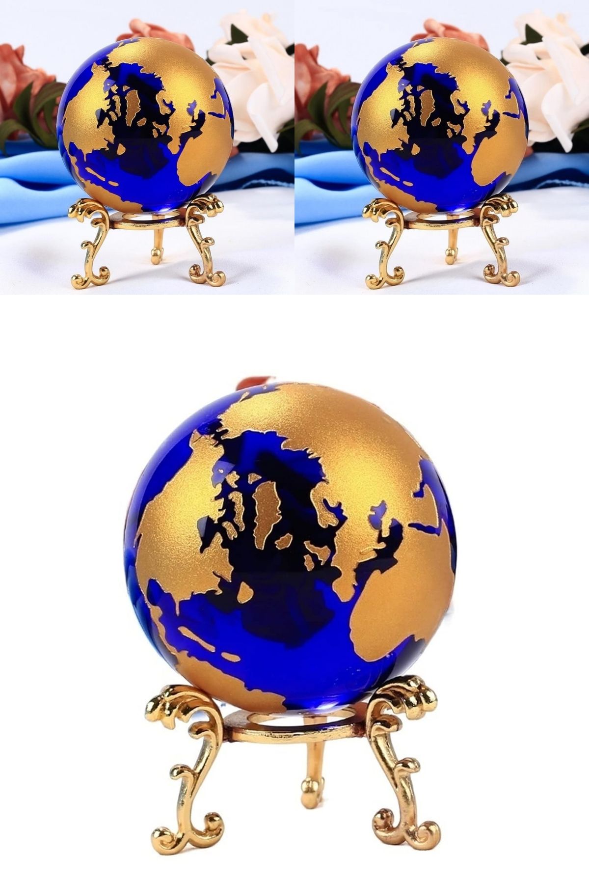 Wolawood Dünya Haritası Temalı Tamamı Cam Üretim Kristal Küre Gold Model Metal Standlı Masaüstü Hediyelik Set
