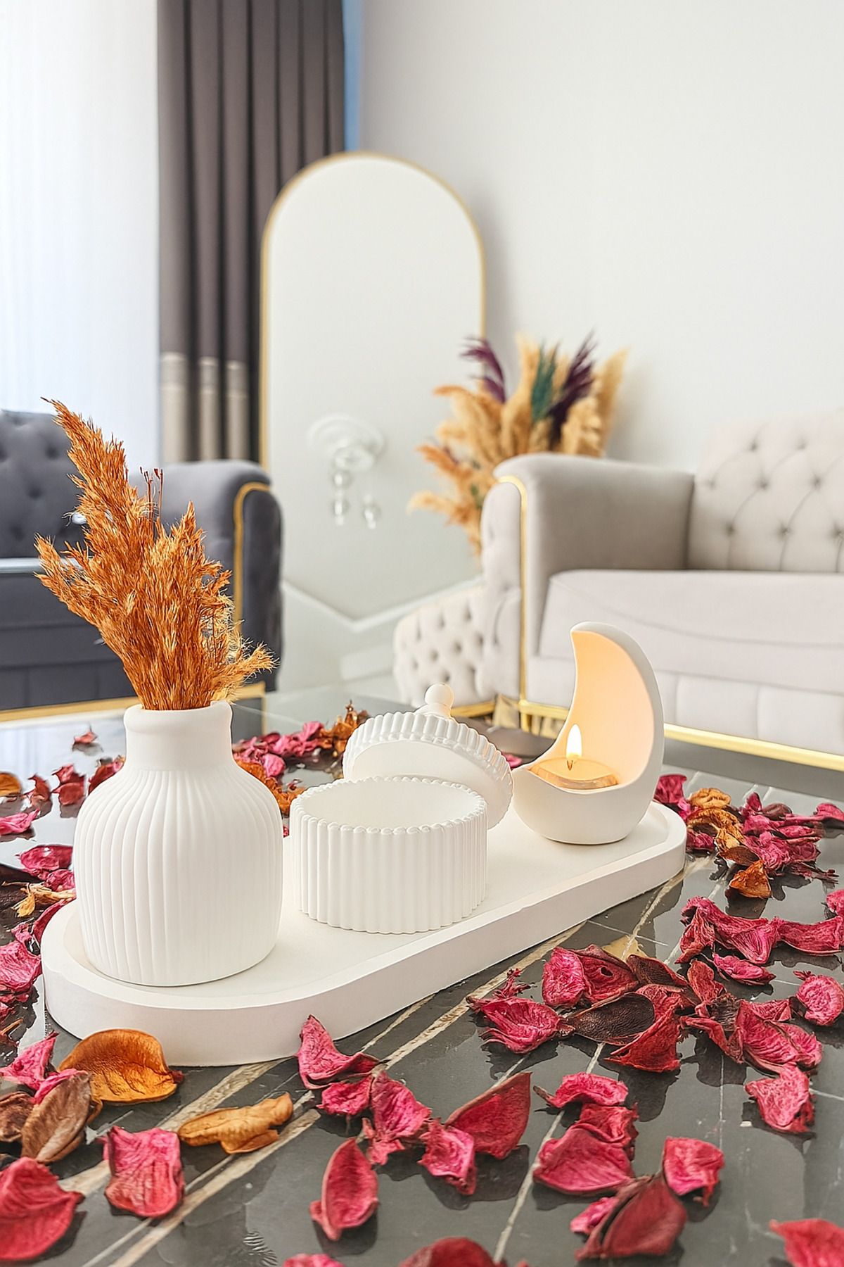 Store Ay Işığı Seramik Dekor Seti – Ay Mumluk & Kapaklı Kutu & Seramik Vazo
