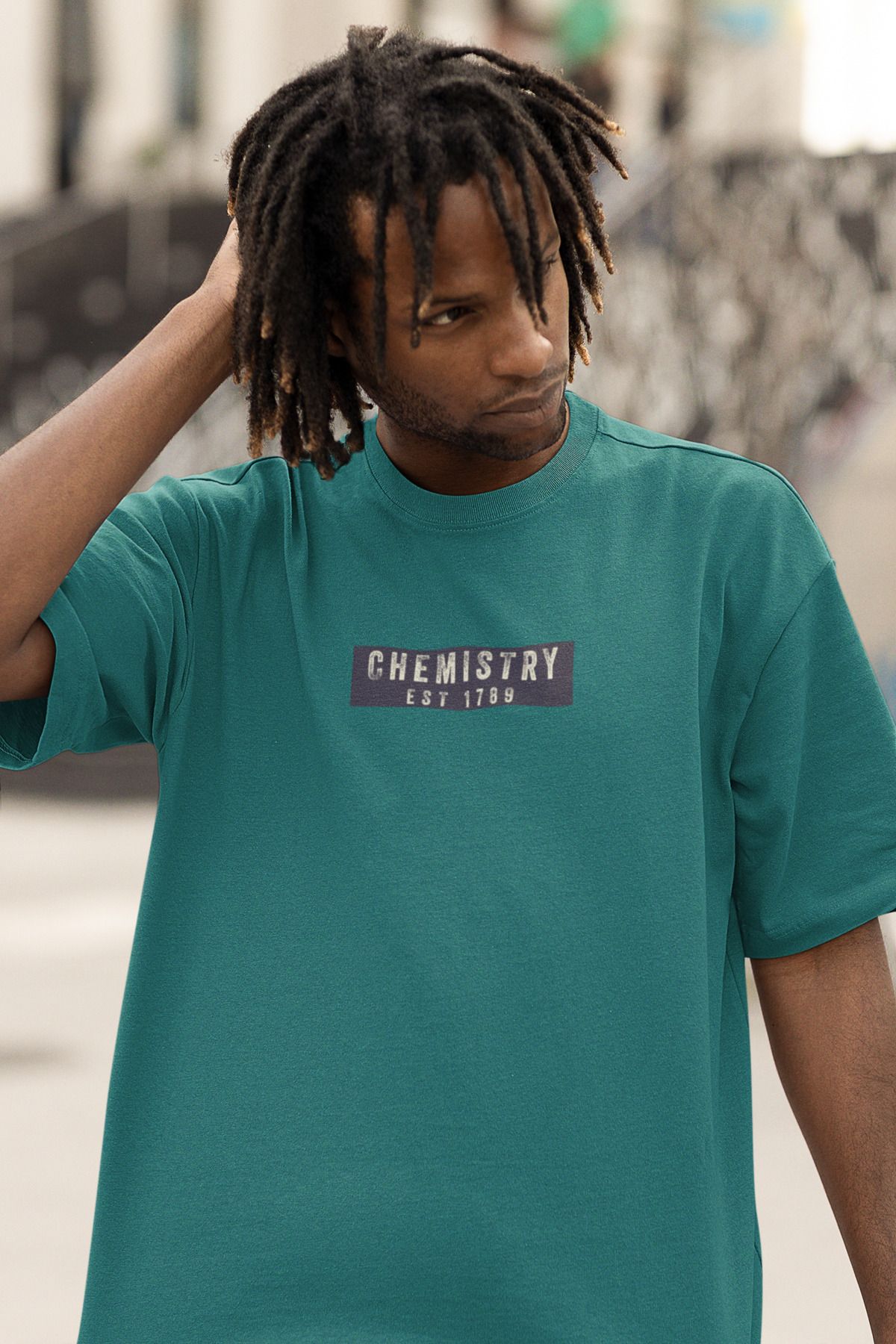 Uniquetex NUBENSE/KİMAS12- Oversize Unisex Kimya Baskılı Turkuaz Yeşil Bisiklet Yaka T-shirt (Bilim Tişört)