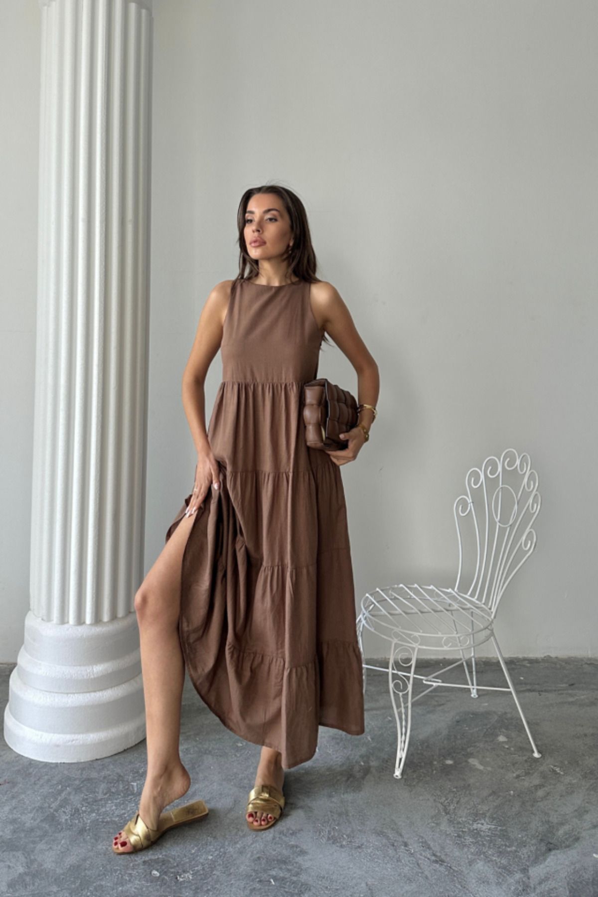 velmorafashion KOLSUZ UZUN FLAM KETEN ELBİSE - Kahverengi