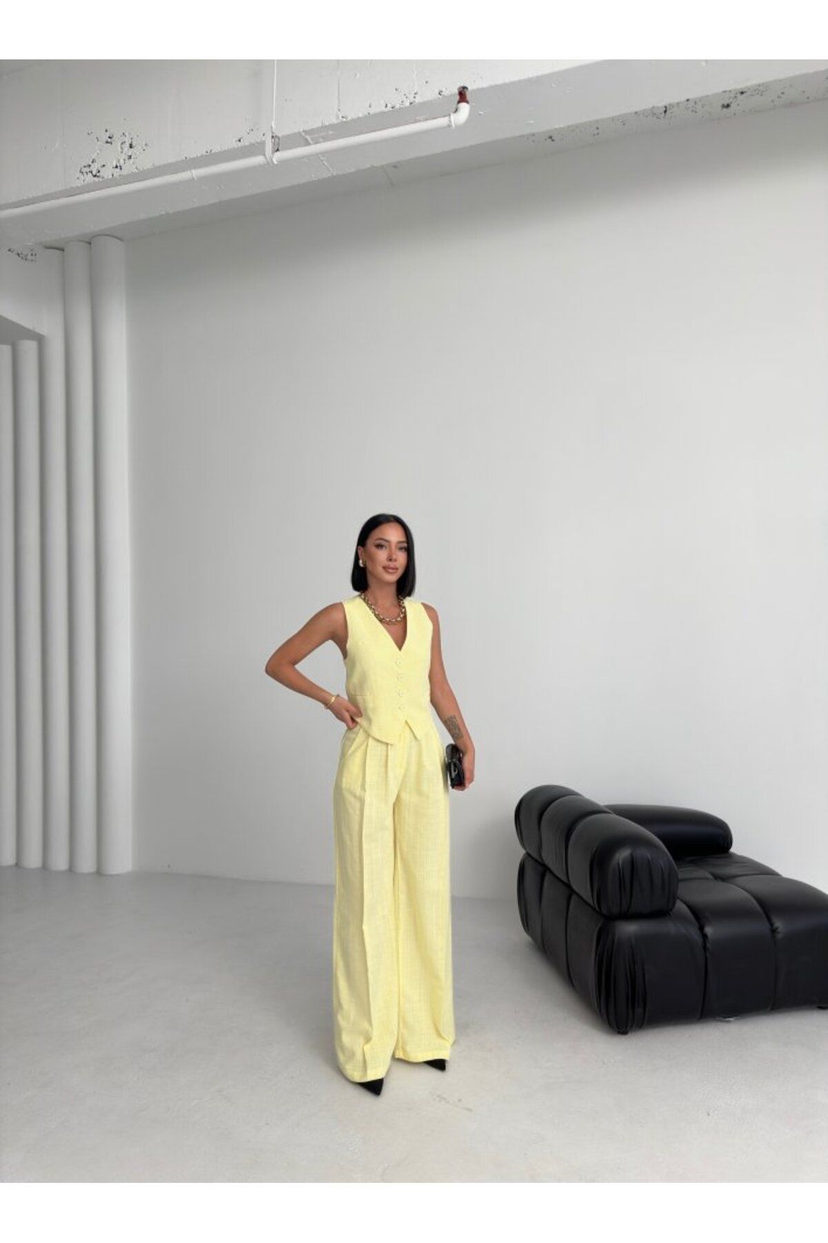 velmorafashion Keten Sirti Çapraz Geçişli Cepken Pantolon Takim