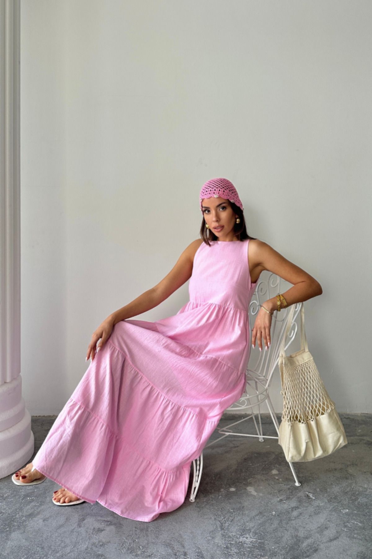 velmorafashion KOLSUZ UZUN FLAM KETEN ELBİSE - Pembe
