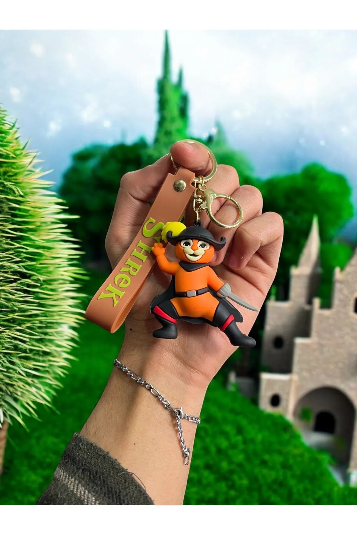 TAYEM Shrek Çizmeli Kedi Lüks Büyük Boy Silikonlu 3D Şrek Anahtarlık ve Çanta Süsü, Aksesuarı
