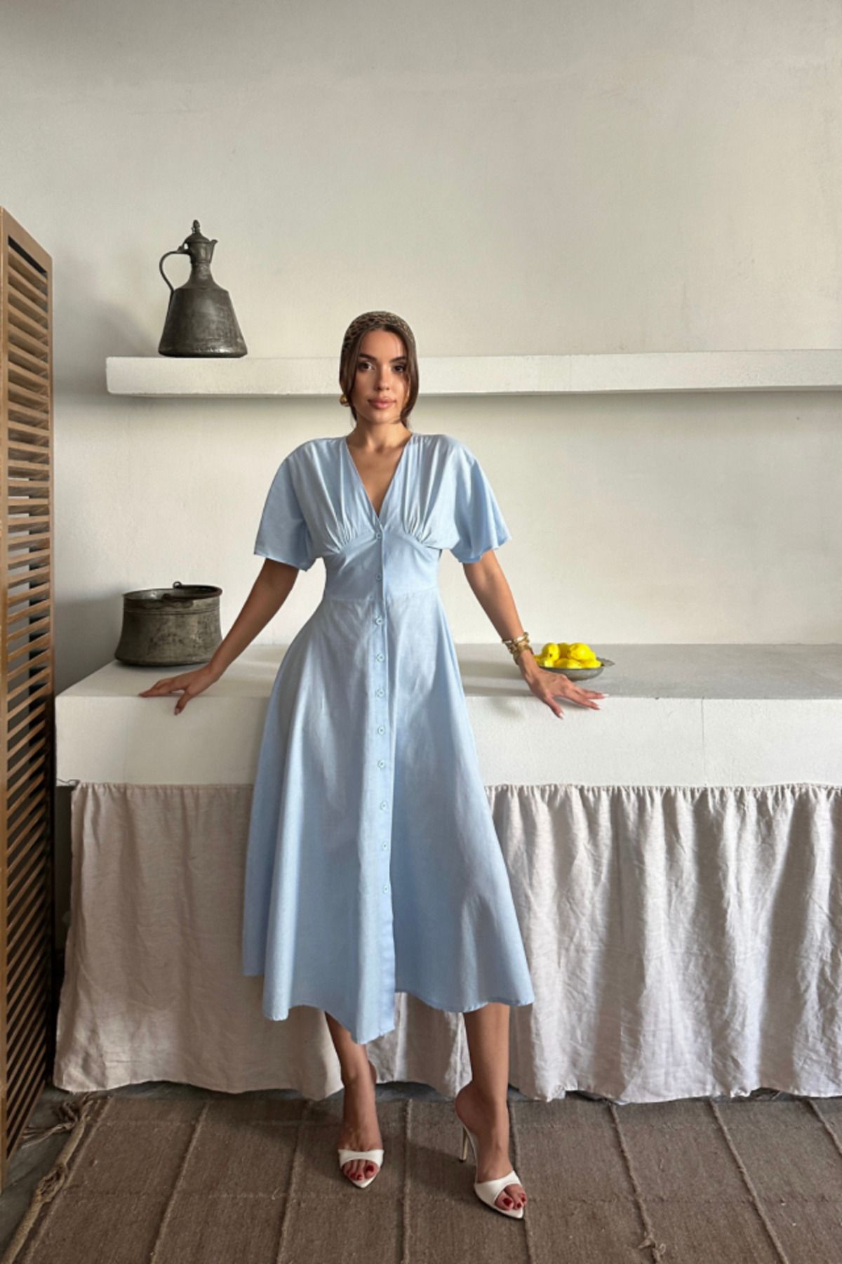 velmorafashion KETEN V YAKA ÖNDEN DÜĞMELİ ELBİSE - Mavi