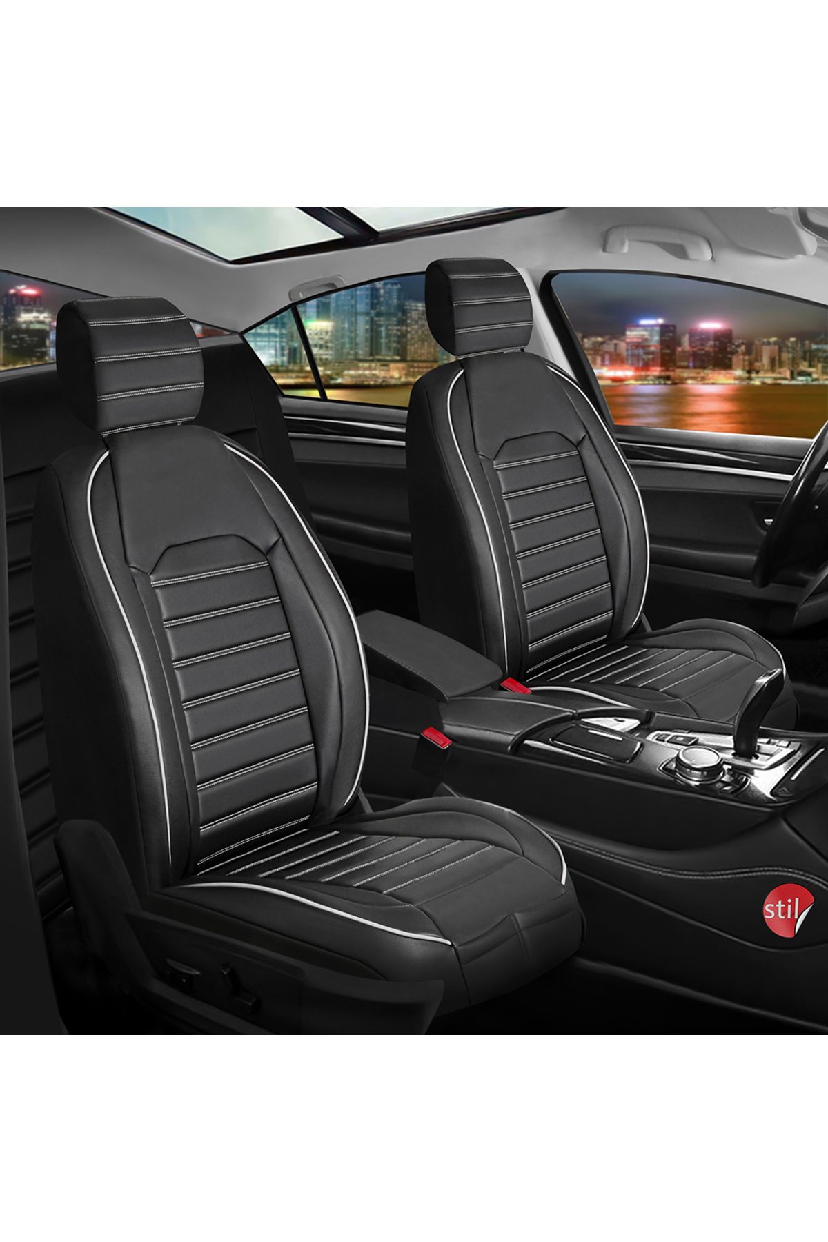 autogoodstore Nissan Skystar Uyumlu Lüx Deri Oto Koltuk Kılıfı Ön Arka Takım Çizgili Model Siyah Beyaz