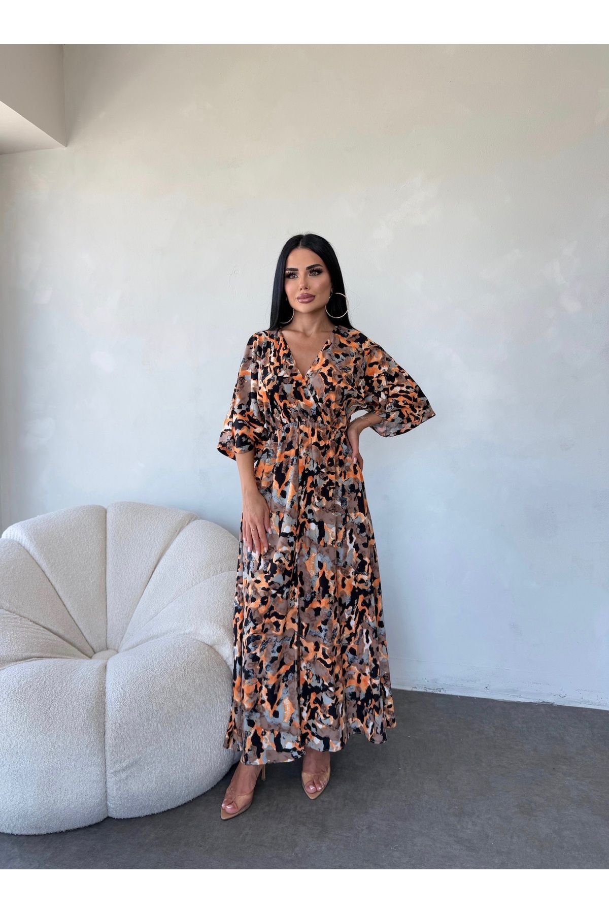 kamacibutik KRUVAZE YAKA BELDEN LASTİKLİ YARASA ELBİSE
