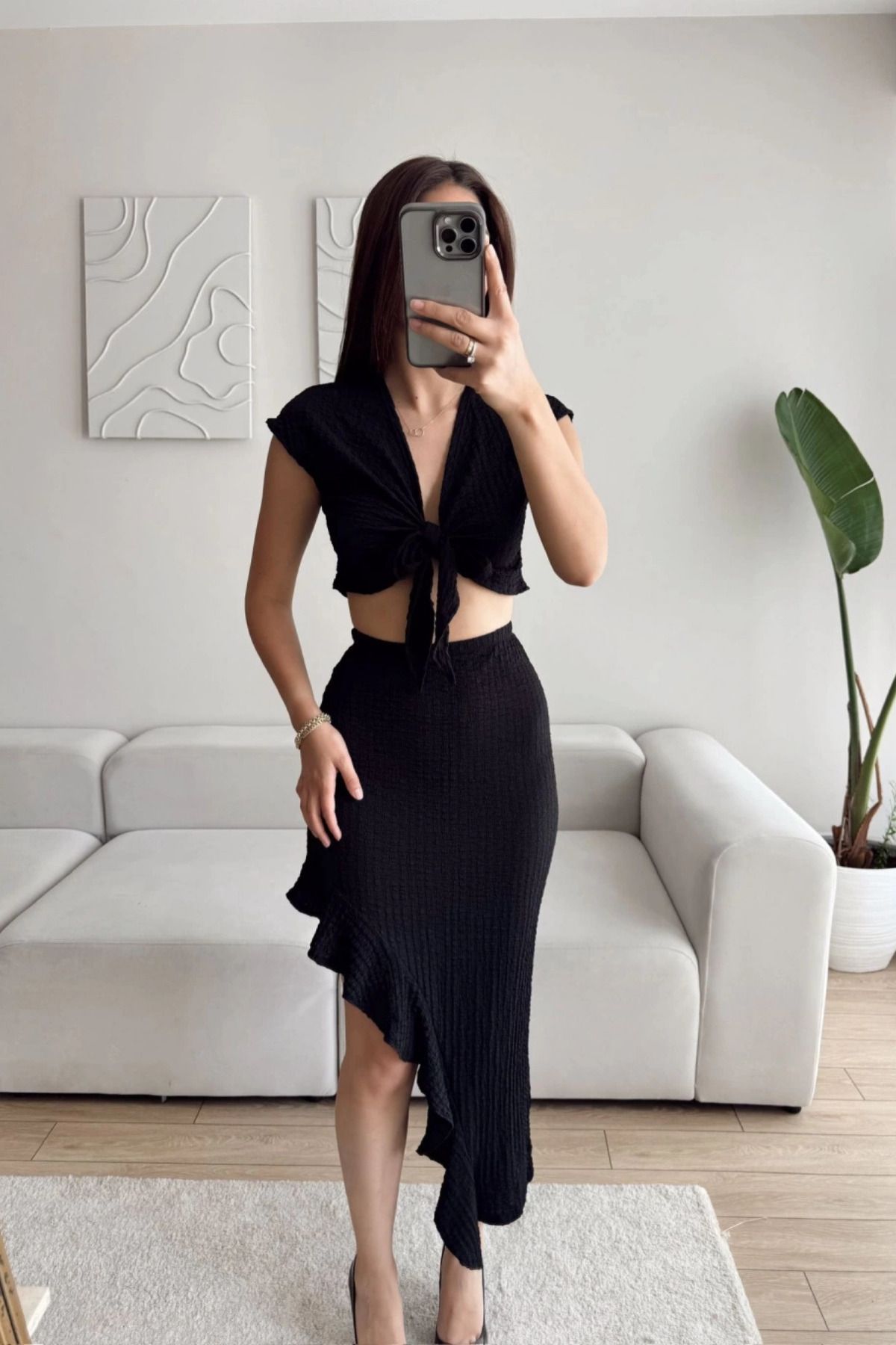 MOZENA Ön Bağlamalı Fırfırlı Etek Crop Takım