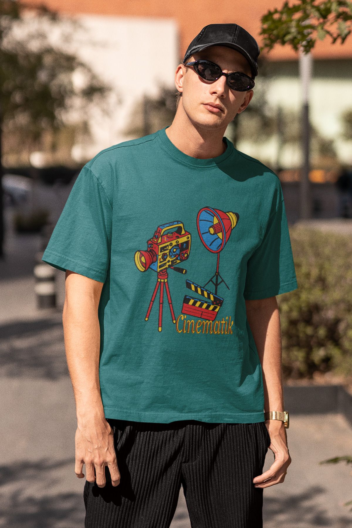Uniquetex NUBEN/SİNFE05- Oversize Unisex Sinematik Baskılı Turkuaz Bisiklet Yaka T-shirt (Tasarım Tişört)