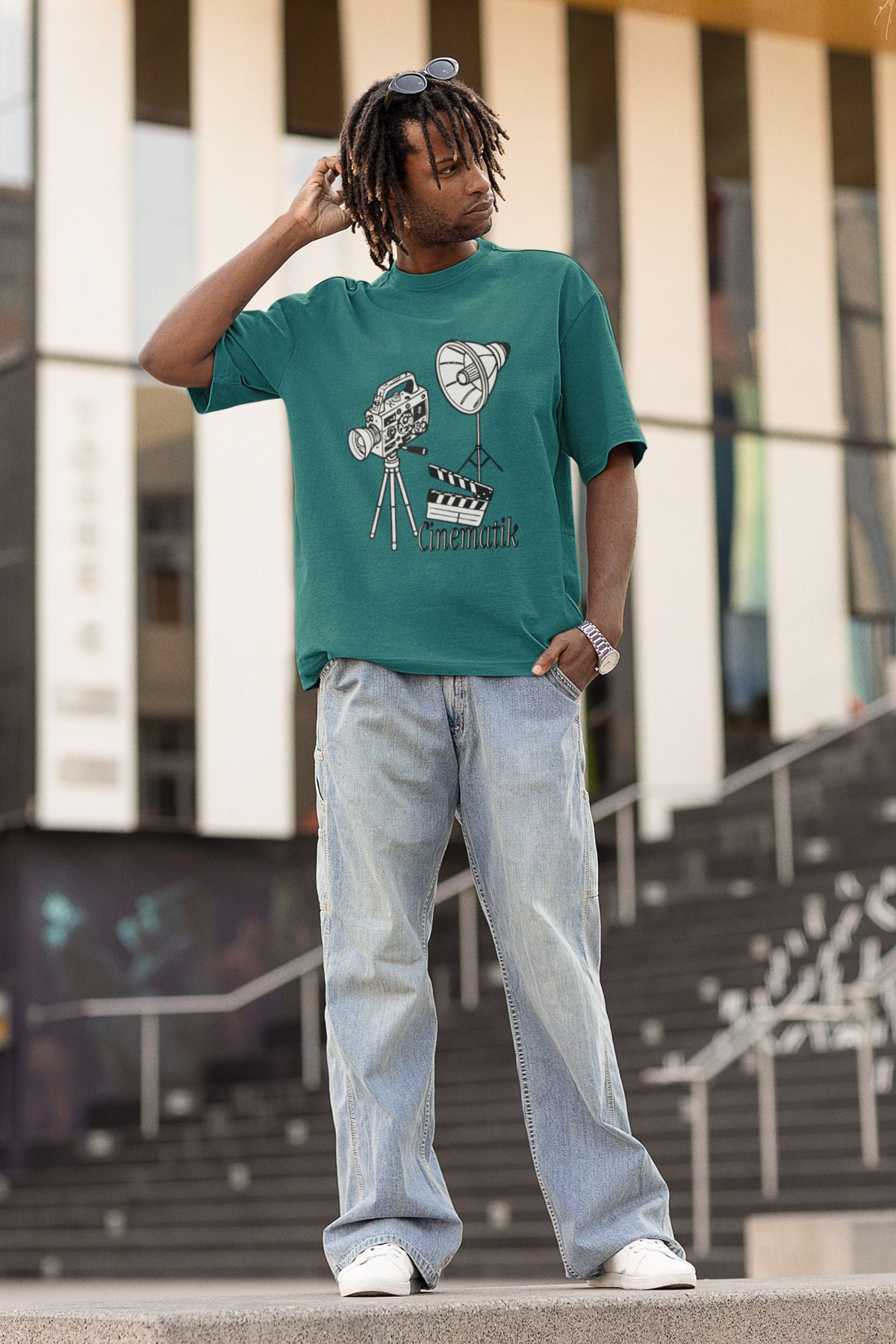 Uniquetex NUBEN/SİNFE-12- Oversize Unisex Sinematik Baskılı Turkuaz Bisiklet Yaka T-shirt (Tasarım Tişört)