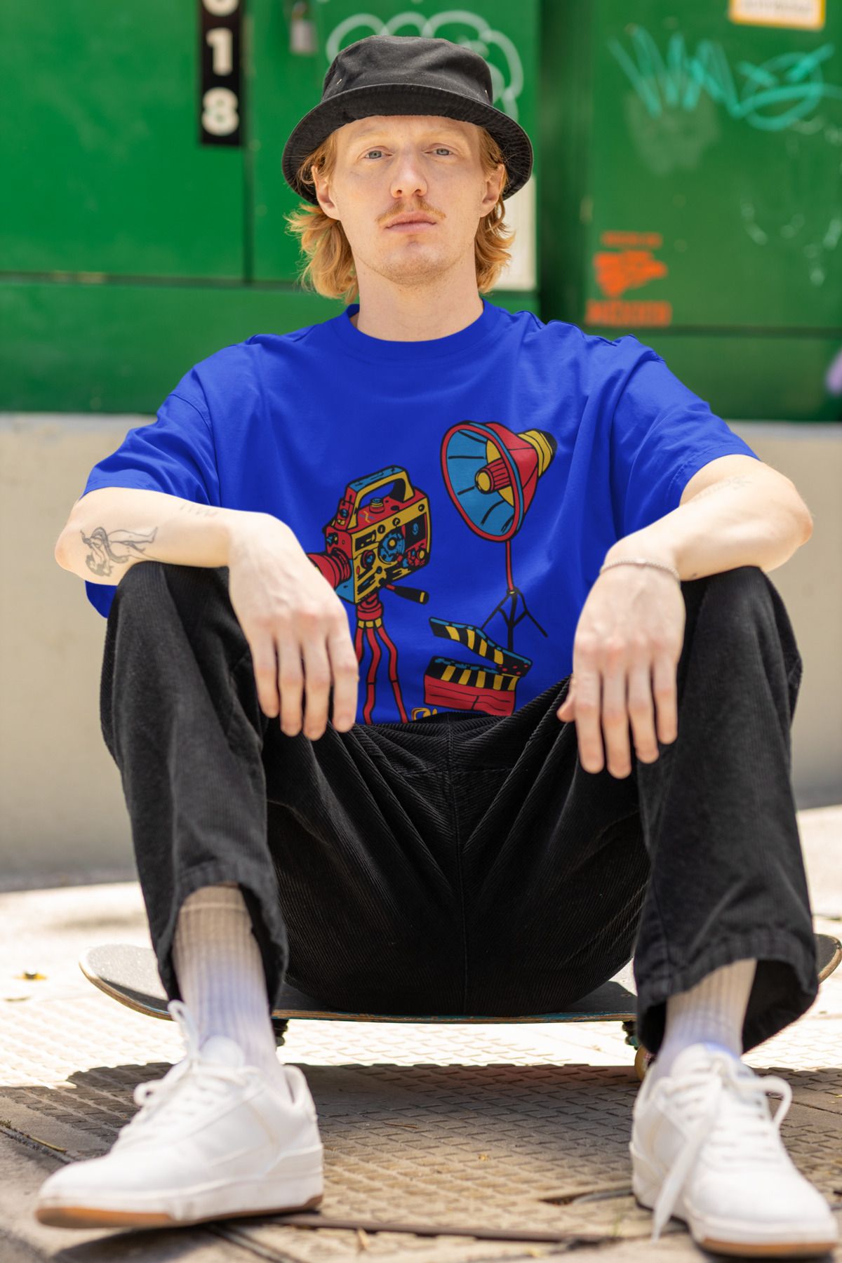 Uniquetex NUBEN / SİNFE-03 - Oversize Unisex Sinematik Baskılı Sax Mavi Bisiklet Yaka T-shirt (Tasarım Tişört)