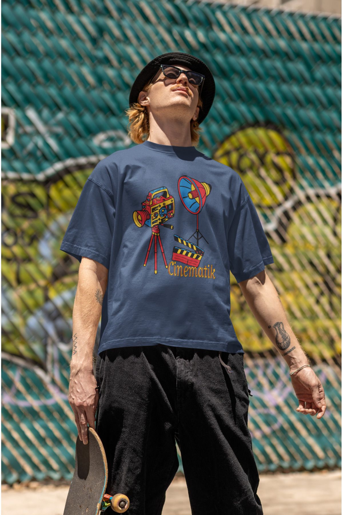 Uniquetex NUBEN / SİNFE-04 - Oversize Unisex Sinematik Baskılı Füme Bisiklet Yaka T-shirt (Tasarım Tişört)