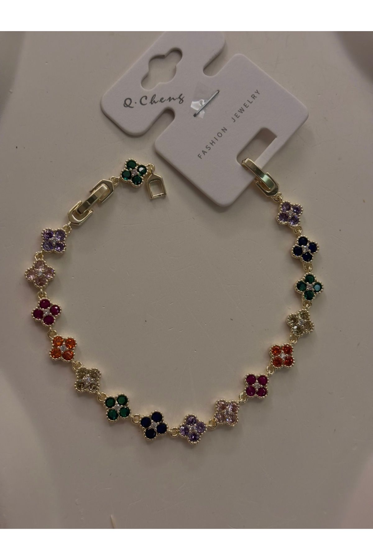 Butik Luxury yonca desen renkli taşlı bileklik