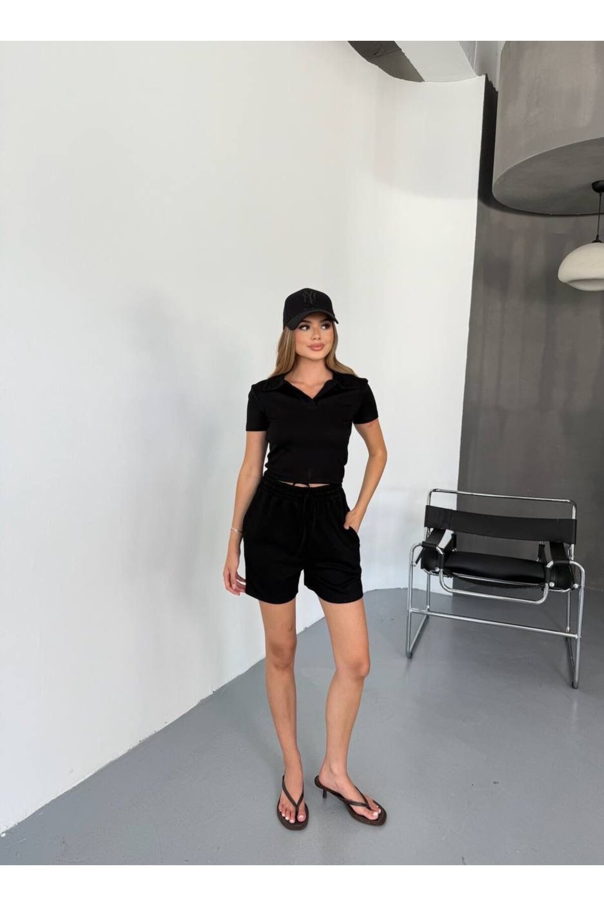 timagna Kadın Alt Üst Takım Polo Yaka Kısa Kollu T-Shirt Kısa Şortlu Modal Kumaş Spor Takım