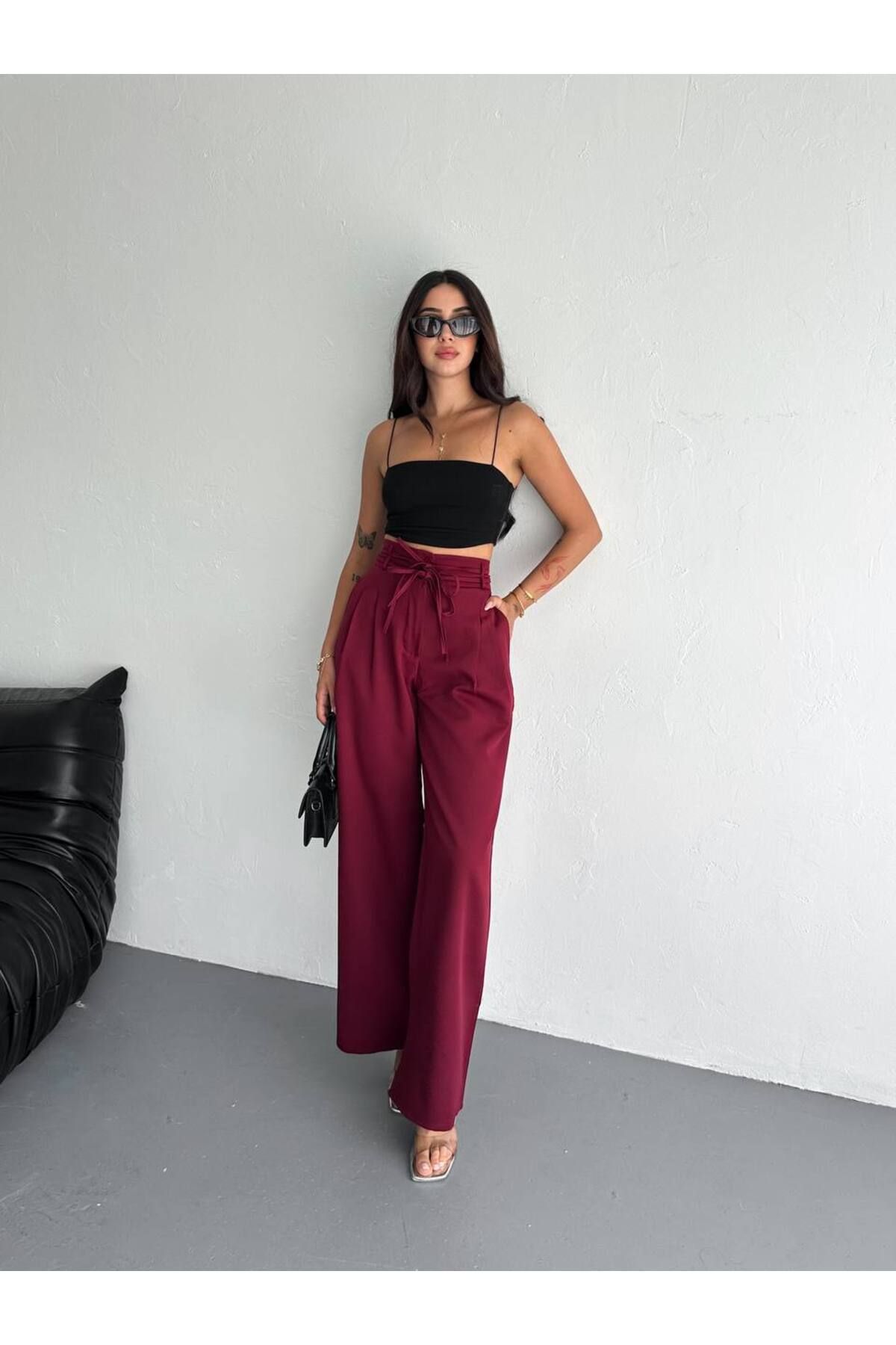 Castivo Fashion Kuşaklı Yüksek Bel Pileli Bol Paça Pantolon