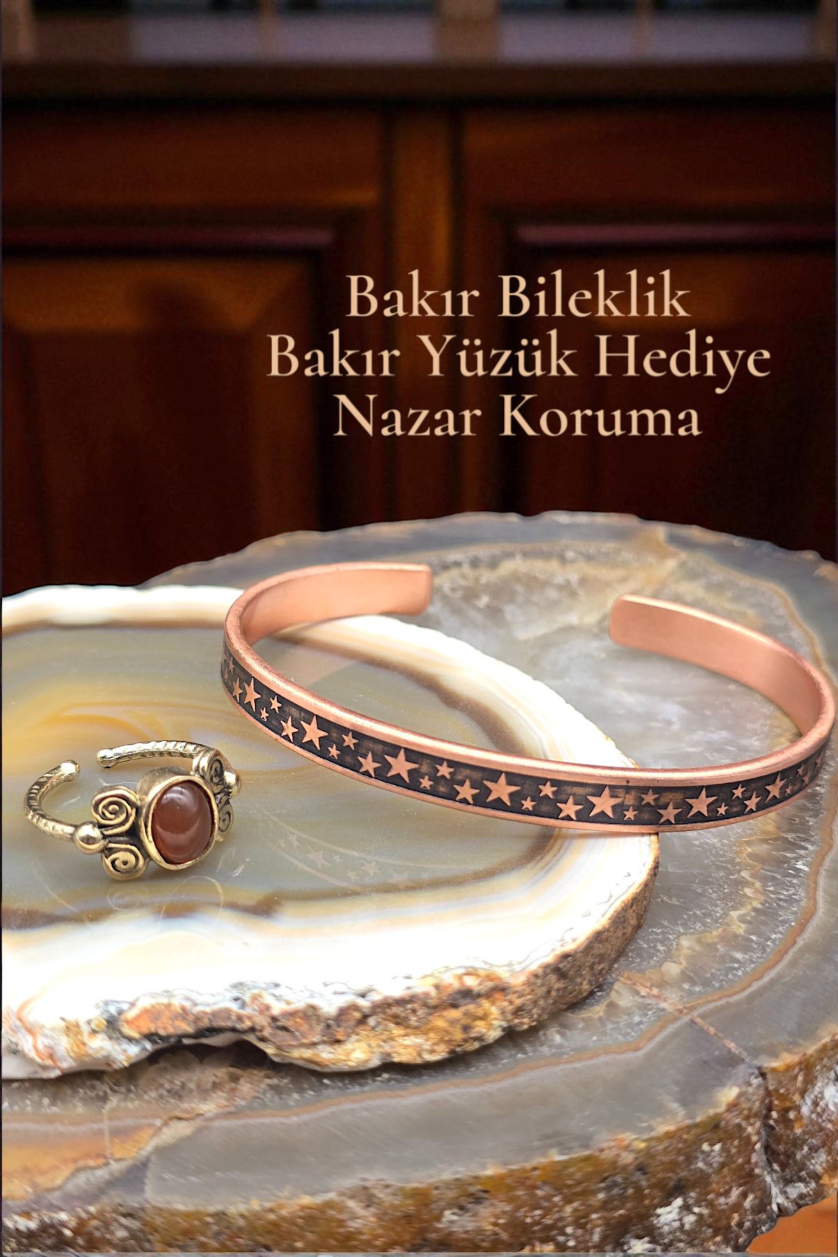 NBS Beautiful Naturel Stones Bakır Bileklik Saf ( Akik Yüzük Hediye) Yıldız Desenli Ayarlanabilir Çok Kaliteli