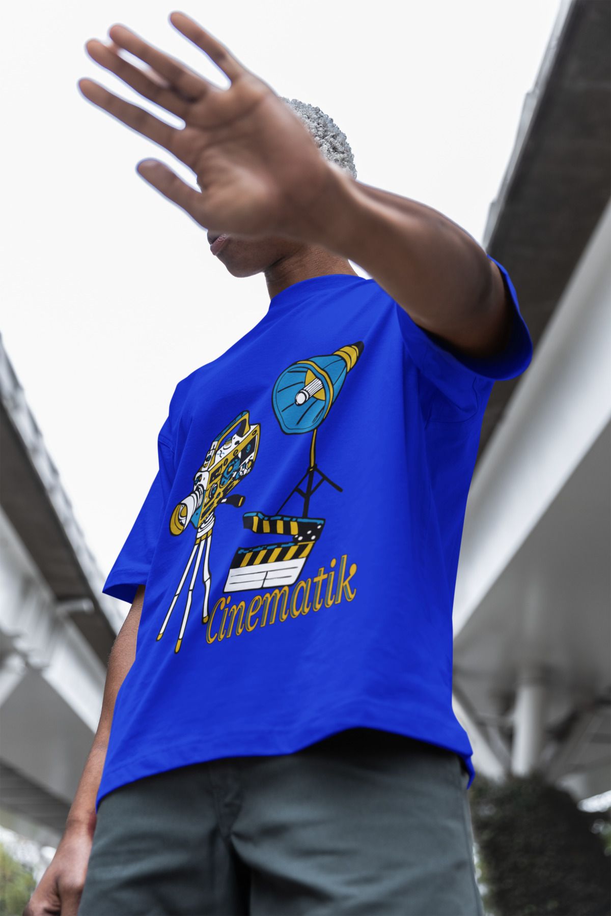 Uniquetex NUBEN / SİNFE-16 - Oversize Unisex Sinematik Baskılı Sax Mavi Bisiklet Yaka T-shirt (Tasarım Tişört)