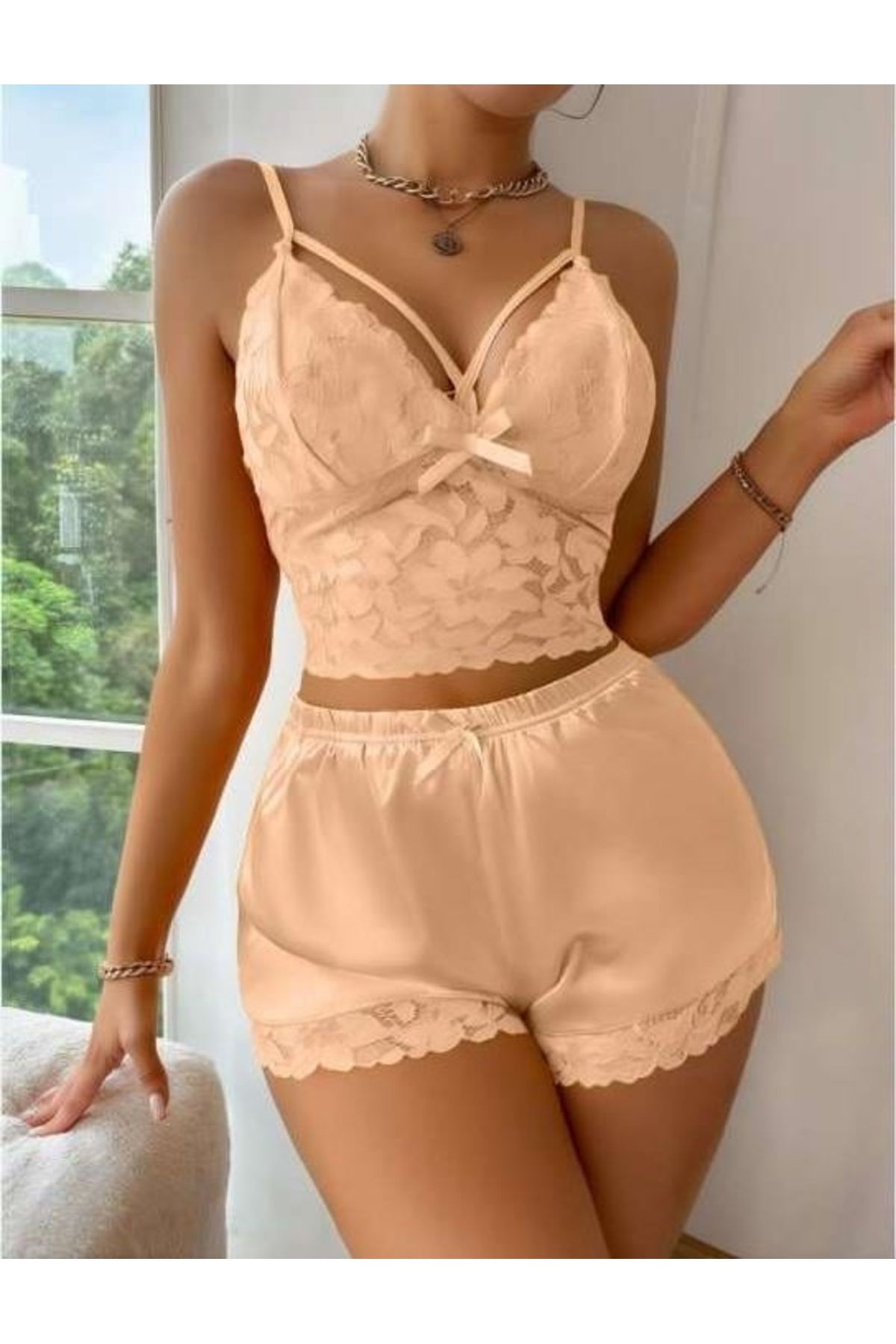 mtm My The Mall Sarı Dantelli Büstiyer İnce Askılı Saten Şortlu Takım