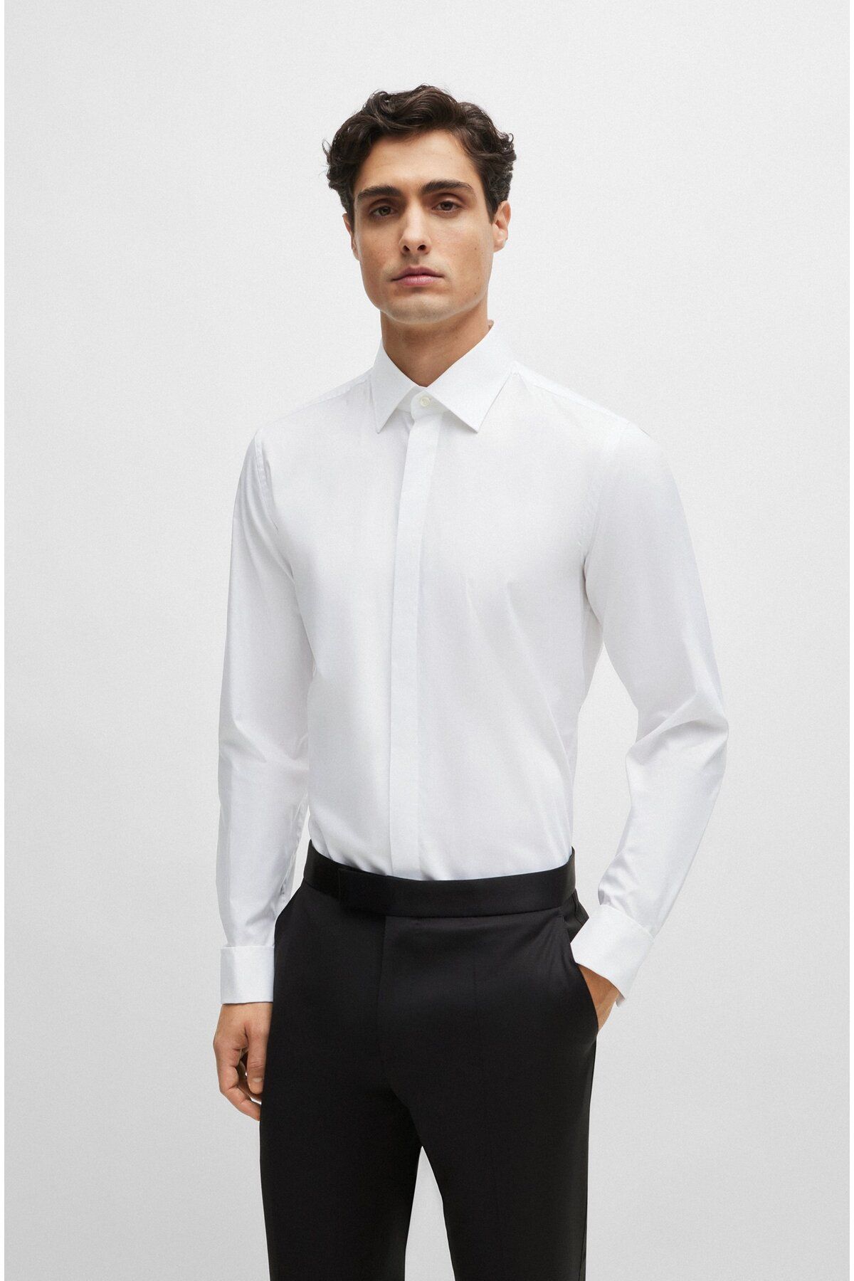 BOSS Erkek Slim Fit Pamuklu Uzun Kollu Beyaz Gömlek 50480093-100
