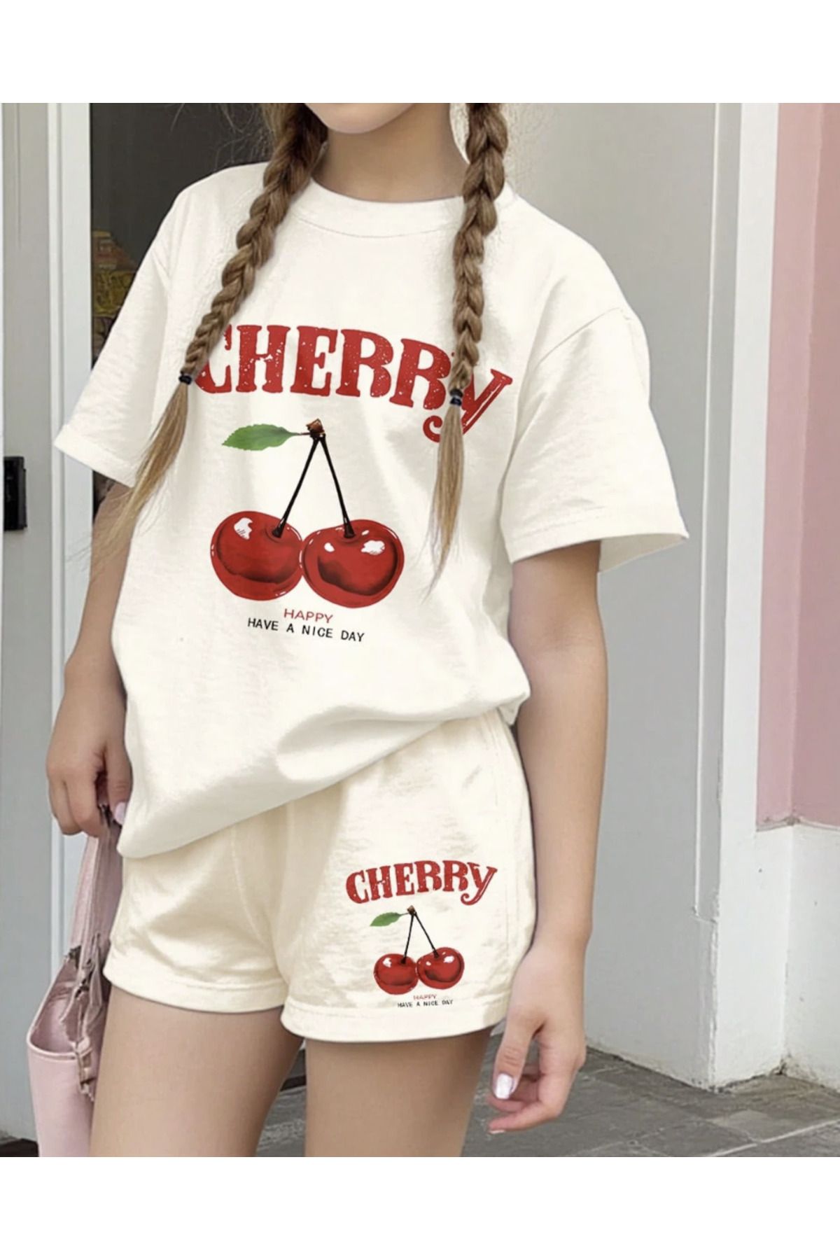 COHERENT Unisex Kadın/Erkek BEJ RENKLİİ CHERRY Özel Baskılı Şort T-shirt Takımı