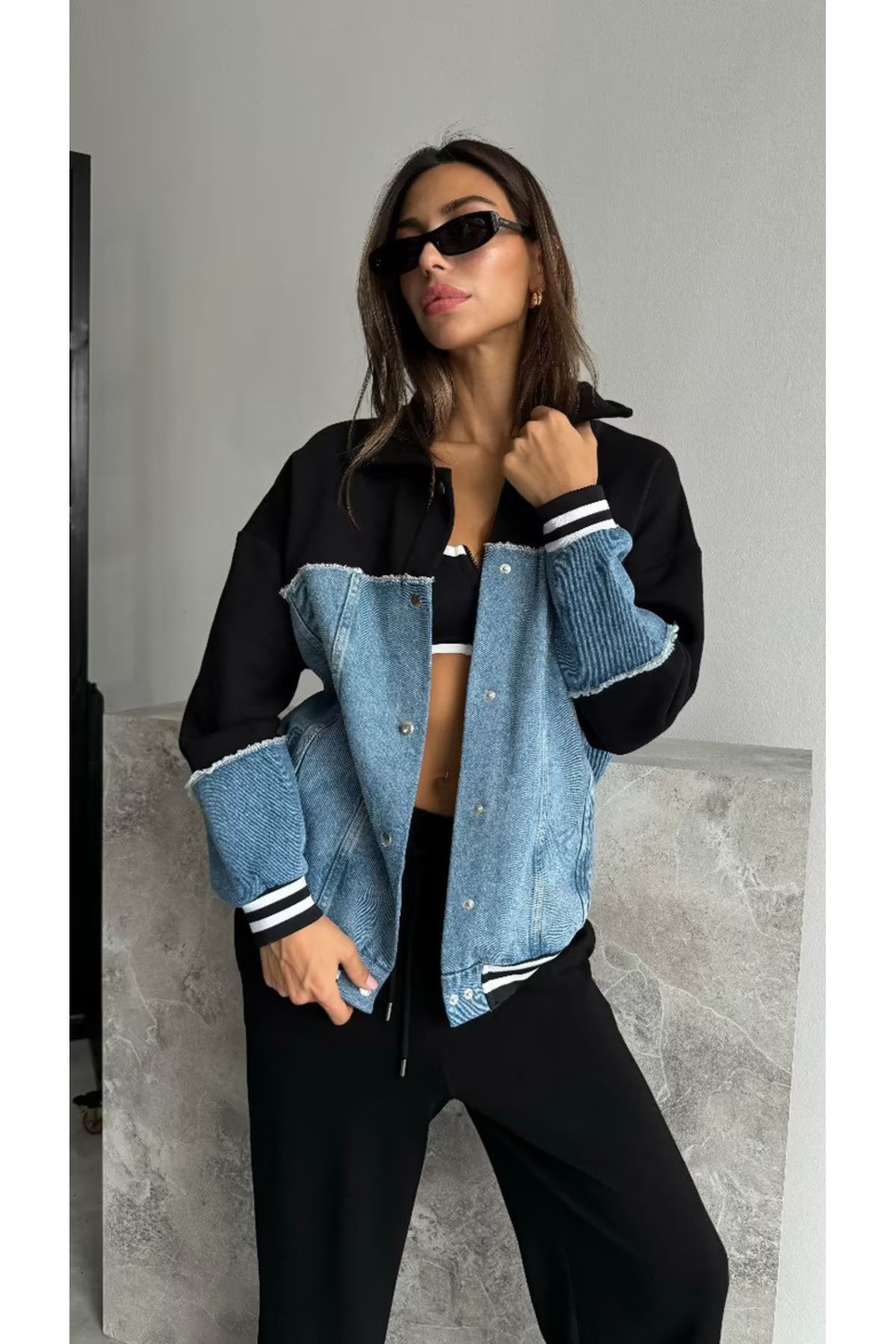 Bare & Bold Garnili Bomber Ceket - Siyah & Mavi