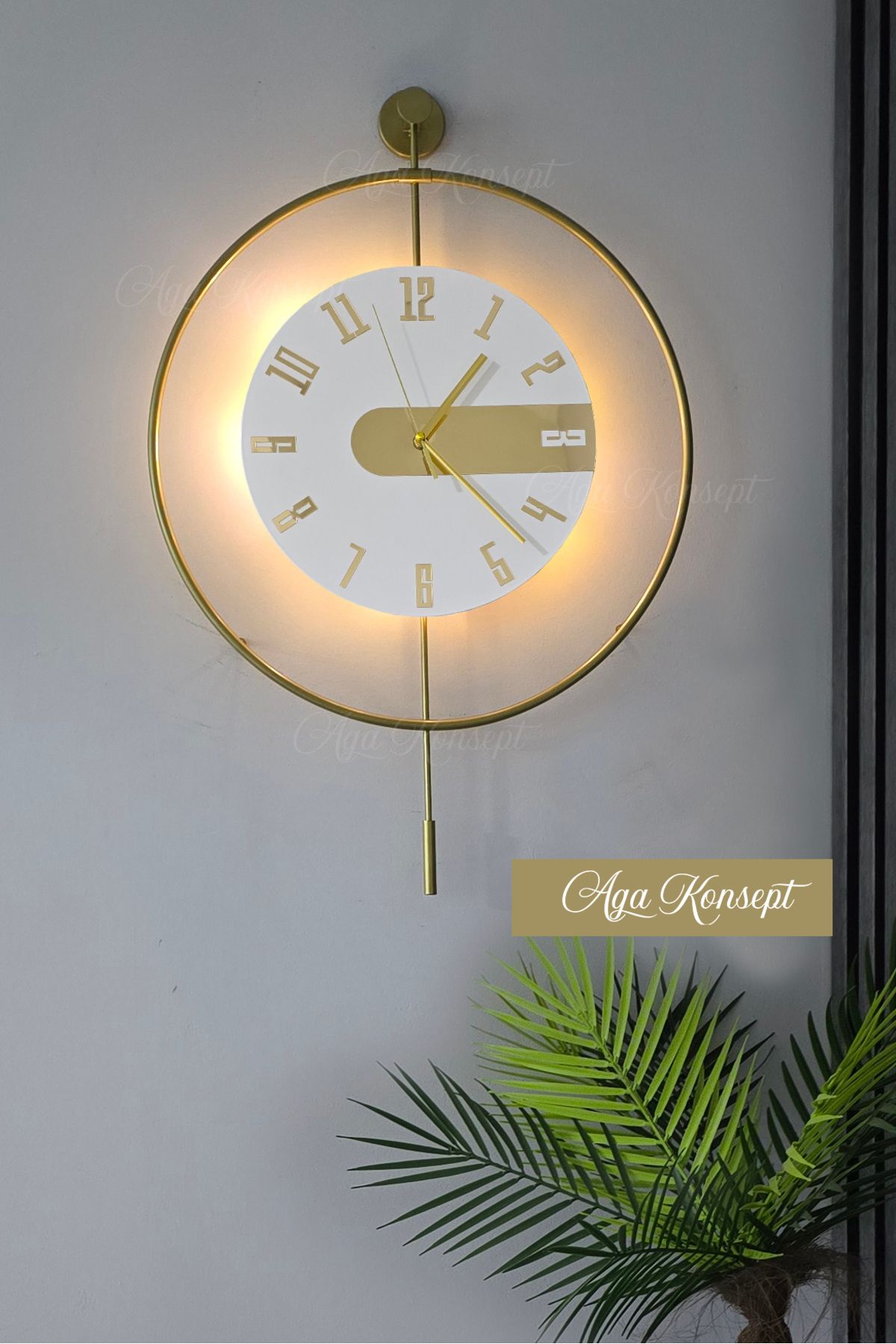 AGA KONSEPT Led'li Gold Latin 3 Kristal (BÜYÜK BOY 50 X 75 Cm), Modern Dekoratif Sarkaçlı Metal Duvar Saati
