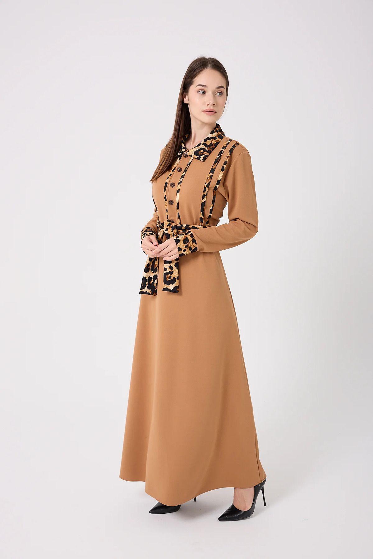 sernoy lomera SL4645-Leopar Garnili Kuşaklı Elbise