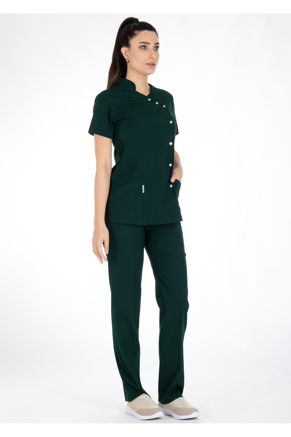 Alsancak Üniforma-Luxe Flex Lycra verde închis Țesătură flexibilă subțire Set de uniforme pentru medic și asistentă 6