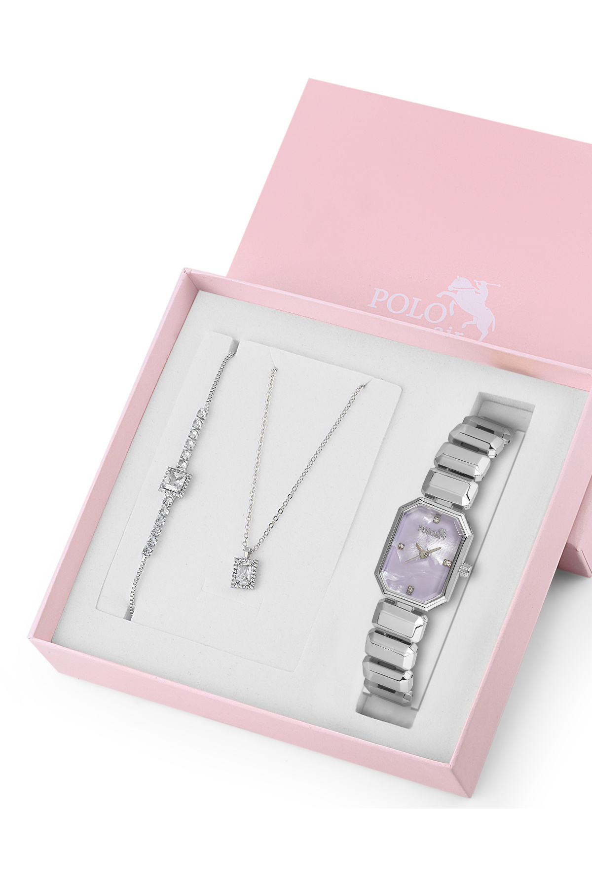 Polo Air Zarif Dikdörtgen Kasa Kol Saati Zirkon Taşlı Kare Kolye Bileklik Set Gümüş Lila Renk ST-2168S6