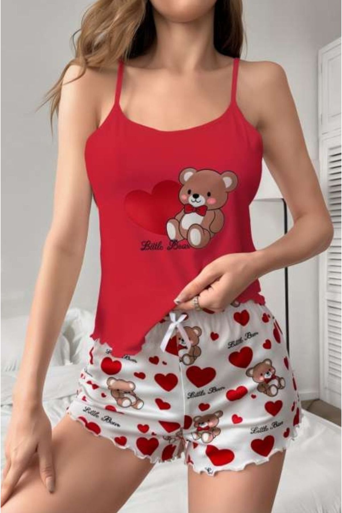 Bleu Petite Kırmızı Ayıcık Desenli Örme Kadın Şortlu Pijama Takım