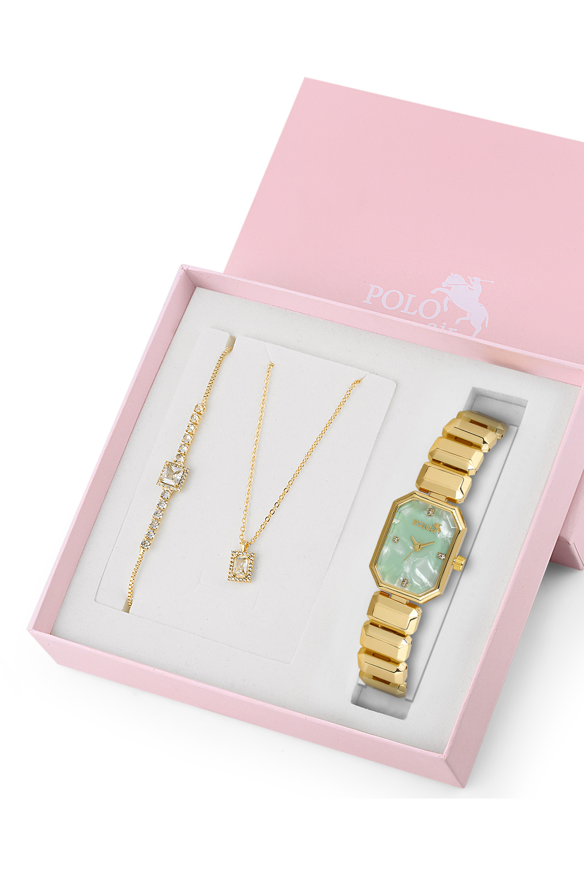 Polo Air Zarif Dikdörtgen Kasa Kol Saati Zirkon Taşlı Kare Kolye Bileklik Set Gold Yeşil Renk ST-2168S3