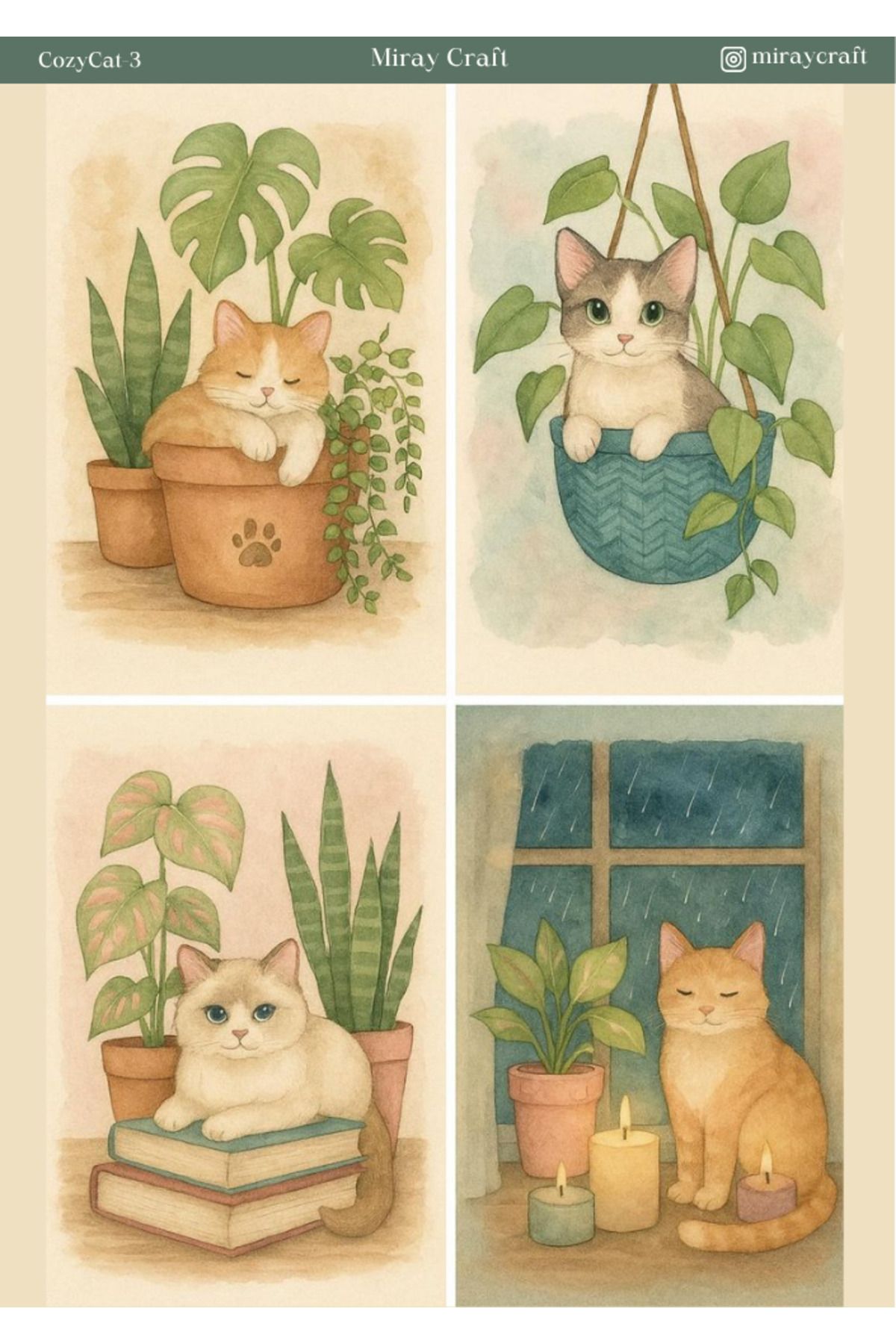 MirayDesign 1 Adet Huzurlu Kedi Temalı Sticker – 12x17 cm Scrapbook, Bullet Journal, Planlayıcı İçin