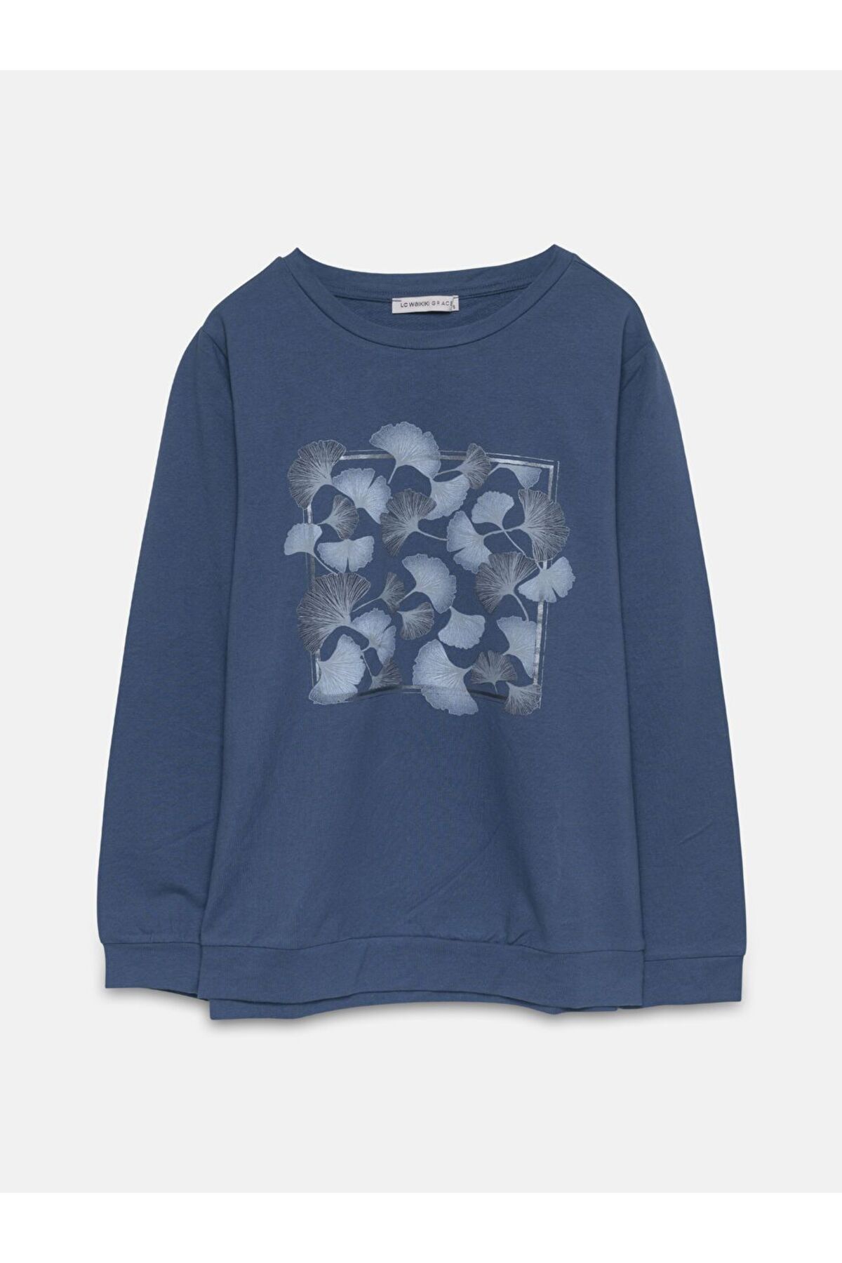 LC Waikiki Lacivert Bisiklet Yaka Baskılı Uzun Kollu Kadın Sweatshirt