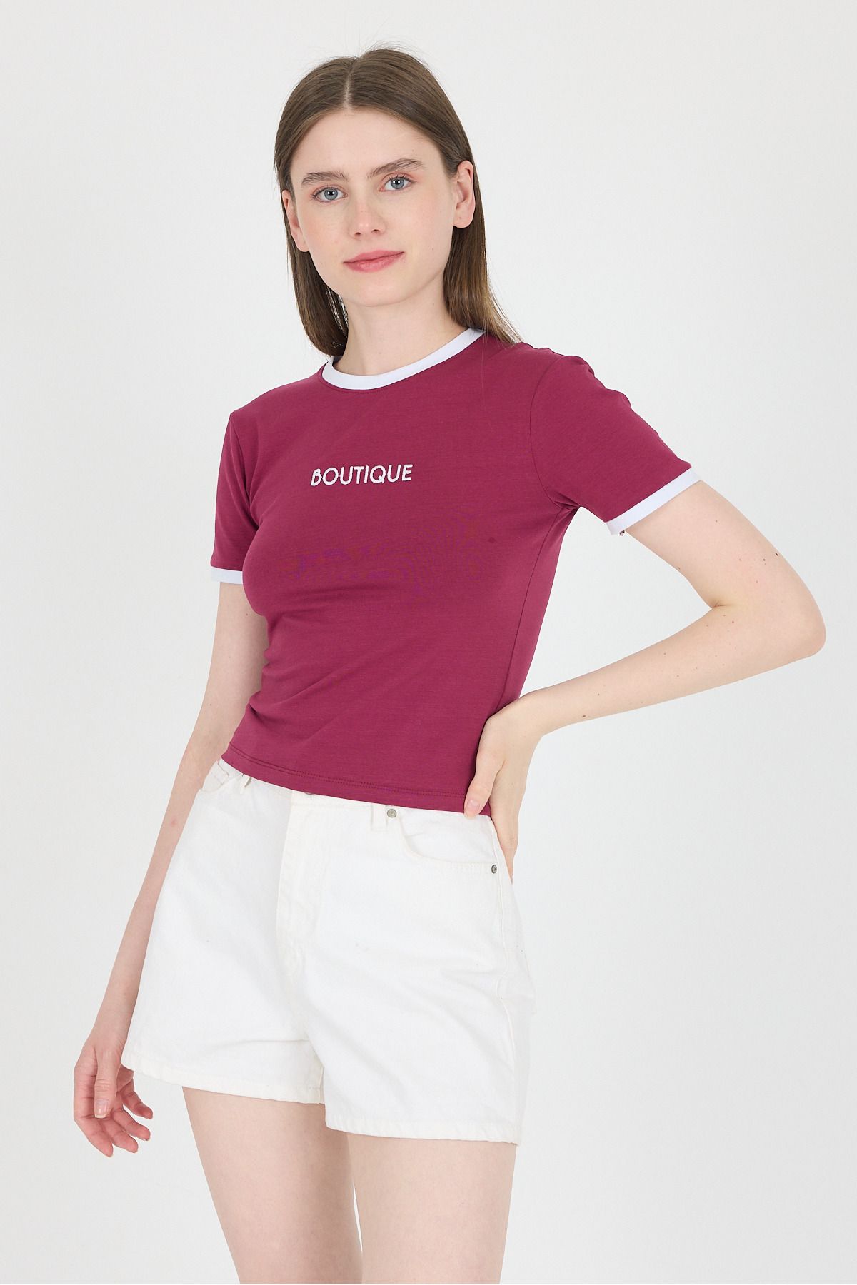 Rays Bordo Yazı Baskılı Biyeli Pamuklu Slim Fit Tişört 9192M