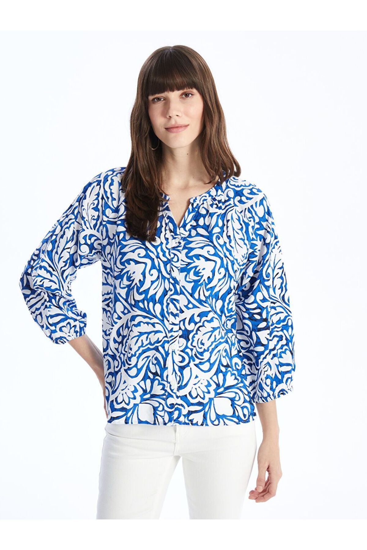 LC Waikiki Mavi Kaçık Yaka Desenli Oversize Kadın Bluz