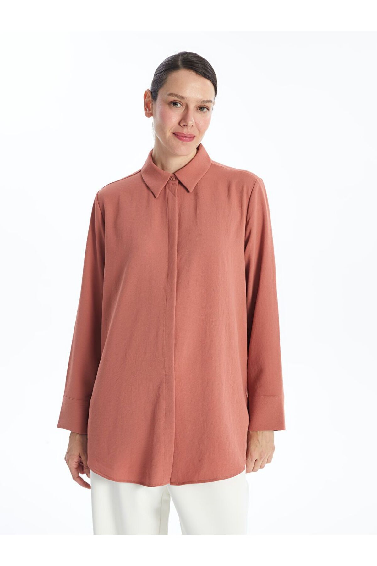 LC Waikiki Kahverengi Düz Oversize Kadın Gömlek Tunik