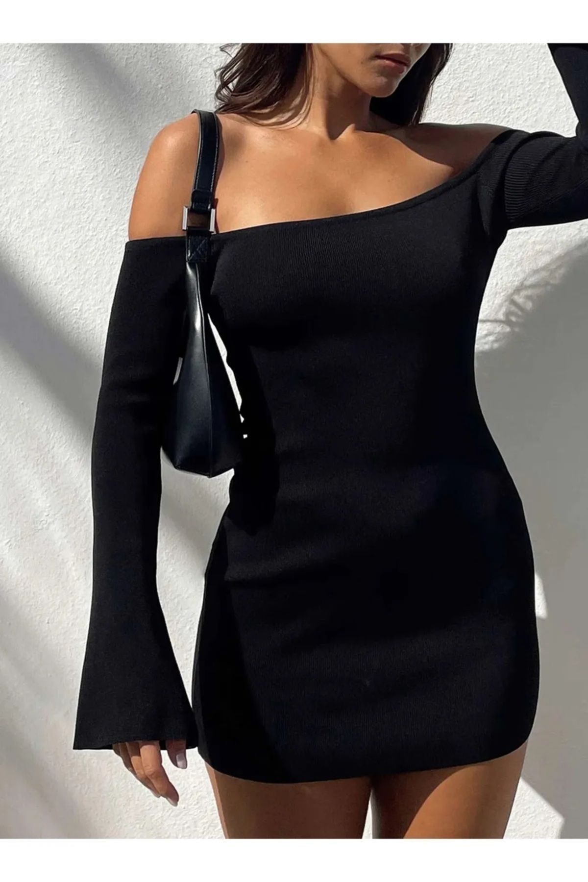 Touz Moda Kadın Ribana Açık Omuz Uzun Kollu Mini Elbise