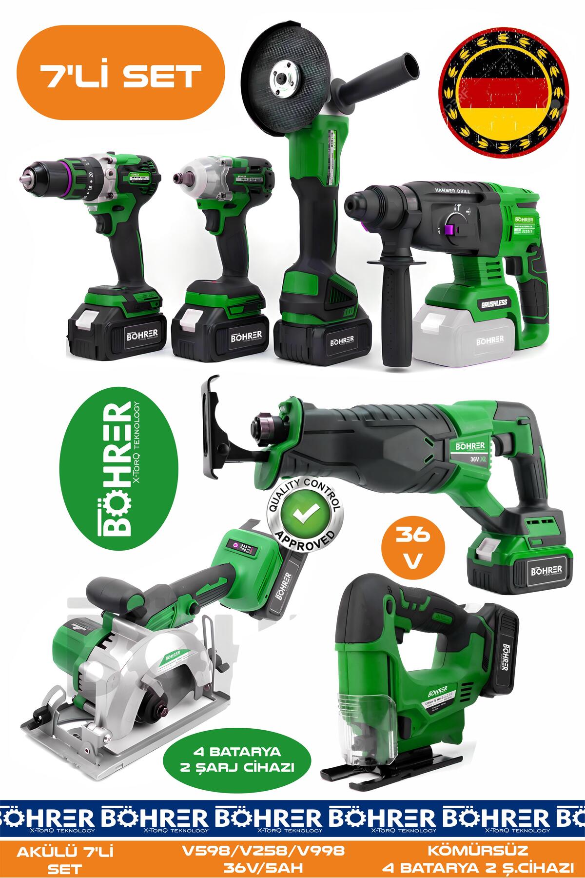 BÖHRER Alman 7 Makine Kombo Set BA01085Y 4 Akülü 2 Şarjlı Kömürsüz