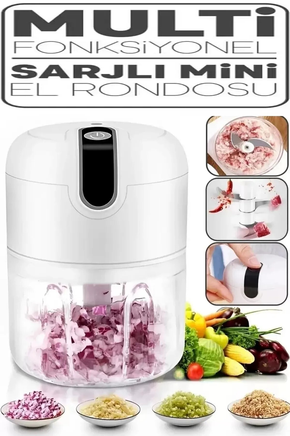 Kenko Şarjlı Mini El Rondosu Çelik 3 Bıçaklı 250ml Mutfak Robotu Hazneli Rondo Sebze Et Doğrayıcı Rende