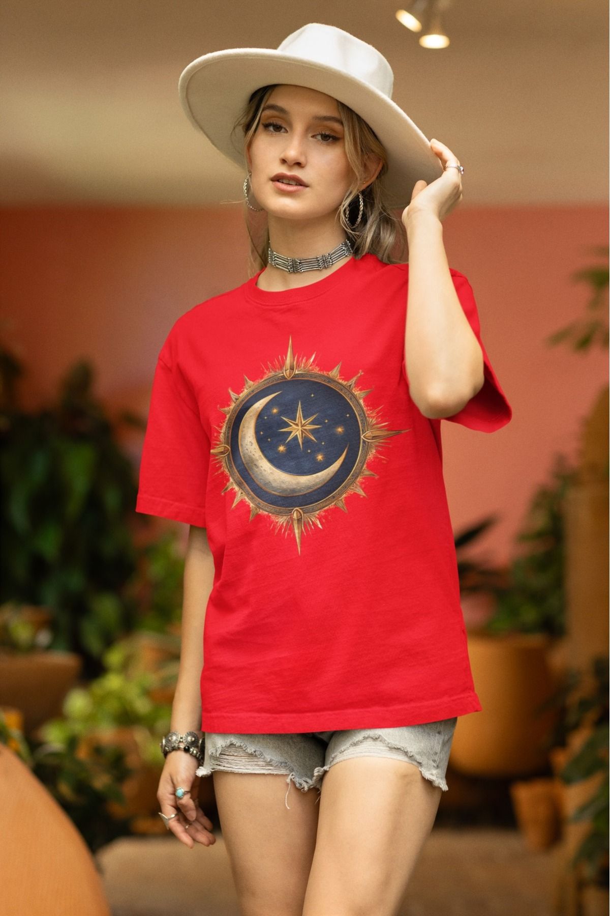 ArtYus Unisex Erkek/Kadın Yıldızlı Aylı Gece Renkli Baskılı Oversize %100 Pamuklu T-Shirt