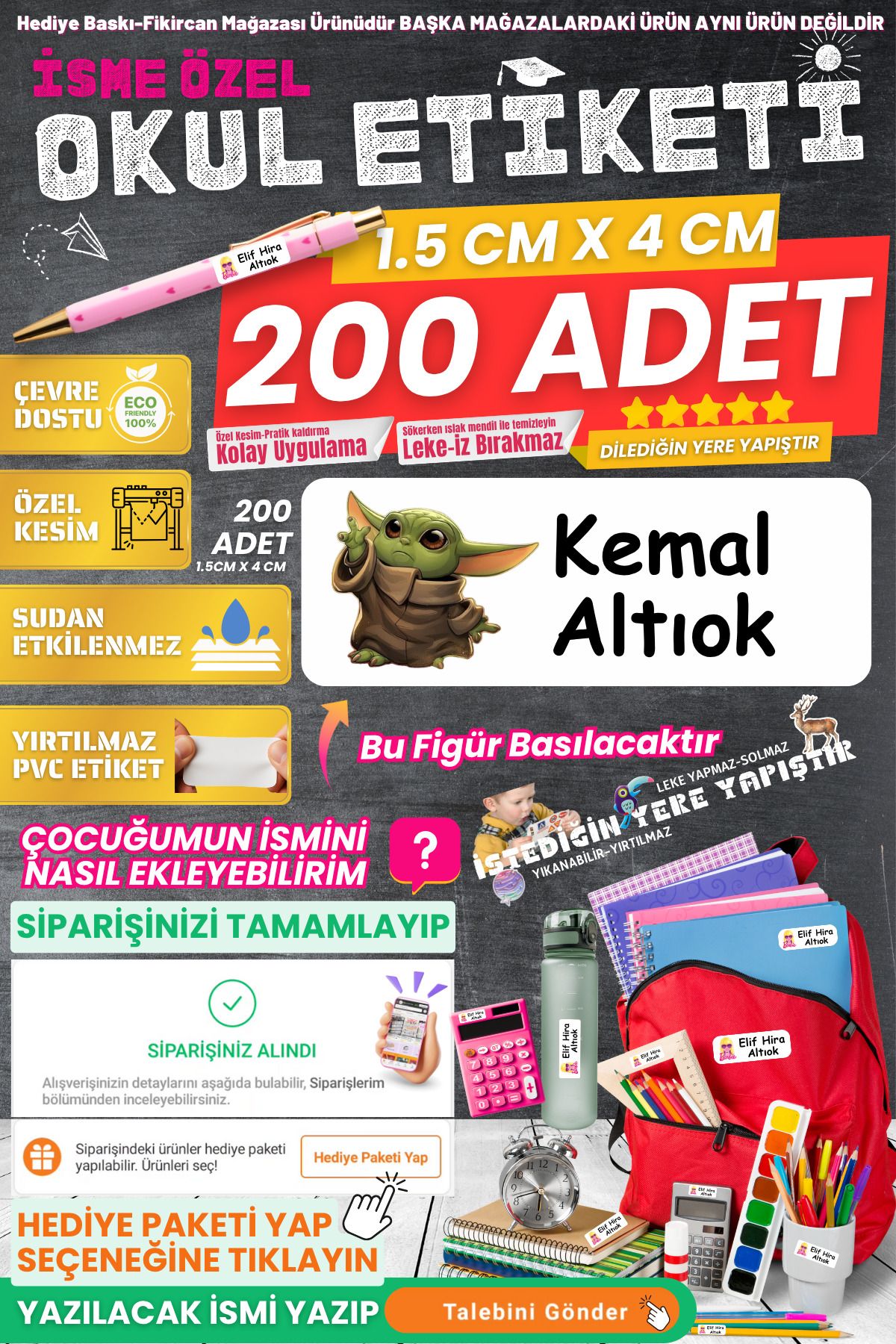 FİKİRCAN Fikircan-İsme Özel Okul Etiketi-YODA 200 Adet - Kokusuz Ekolojik Mürekkep PVC ETİKET