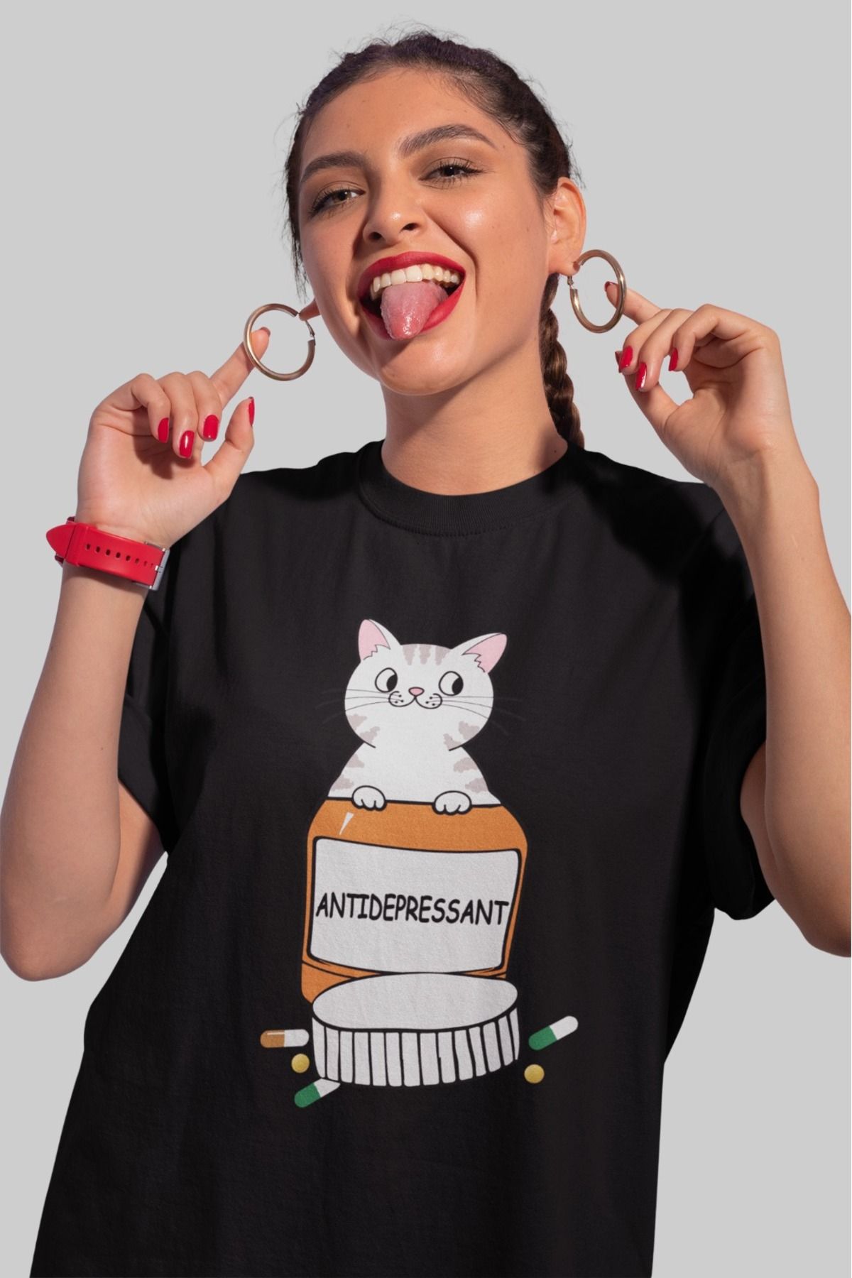 ArtYus Unisex Erkek/Kadın Antidepresan Kedi Renkli Baskılı Oversize %100 Pamuklu T-Shirt