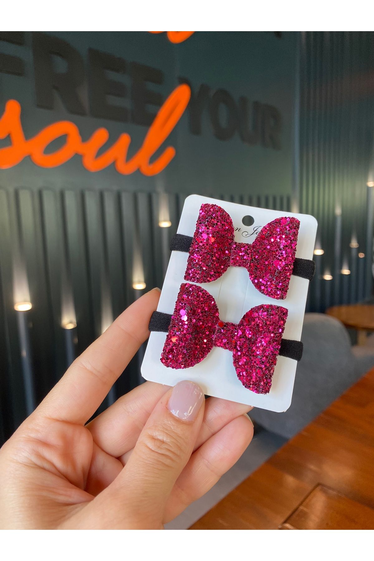 Little Sparkle Co. Fuşya Glitter Fiyonk Toka 2’li Saç Lastiği