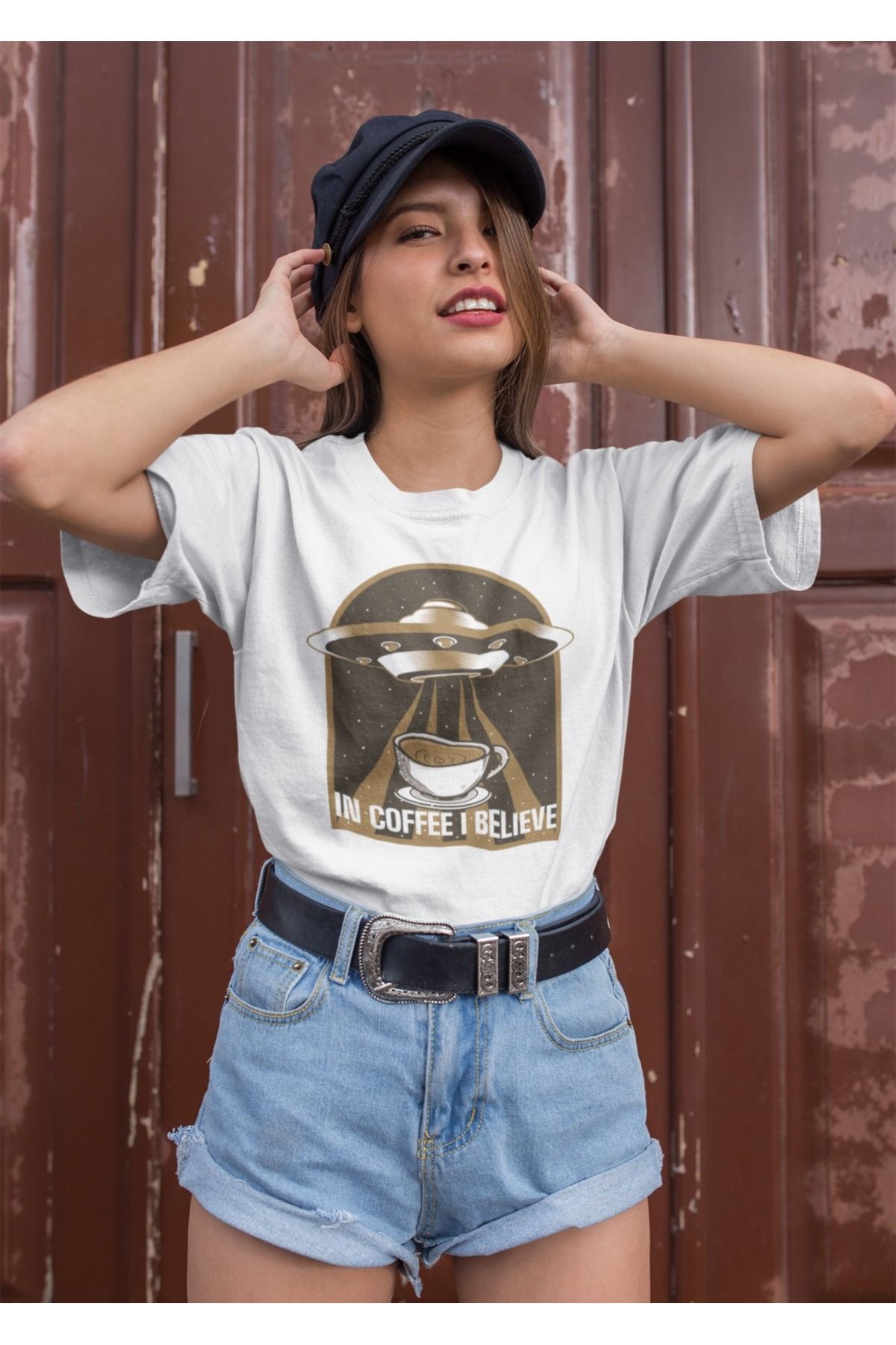 ArtYus Unisex Erkek/Kadın UFO In Coffee In Believe Baskılı Renkli Baskılı Oversize %100 Pamuklu T-Shirt