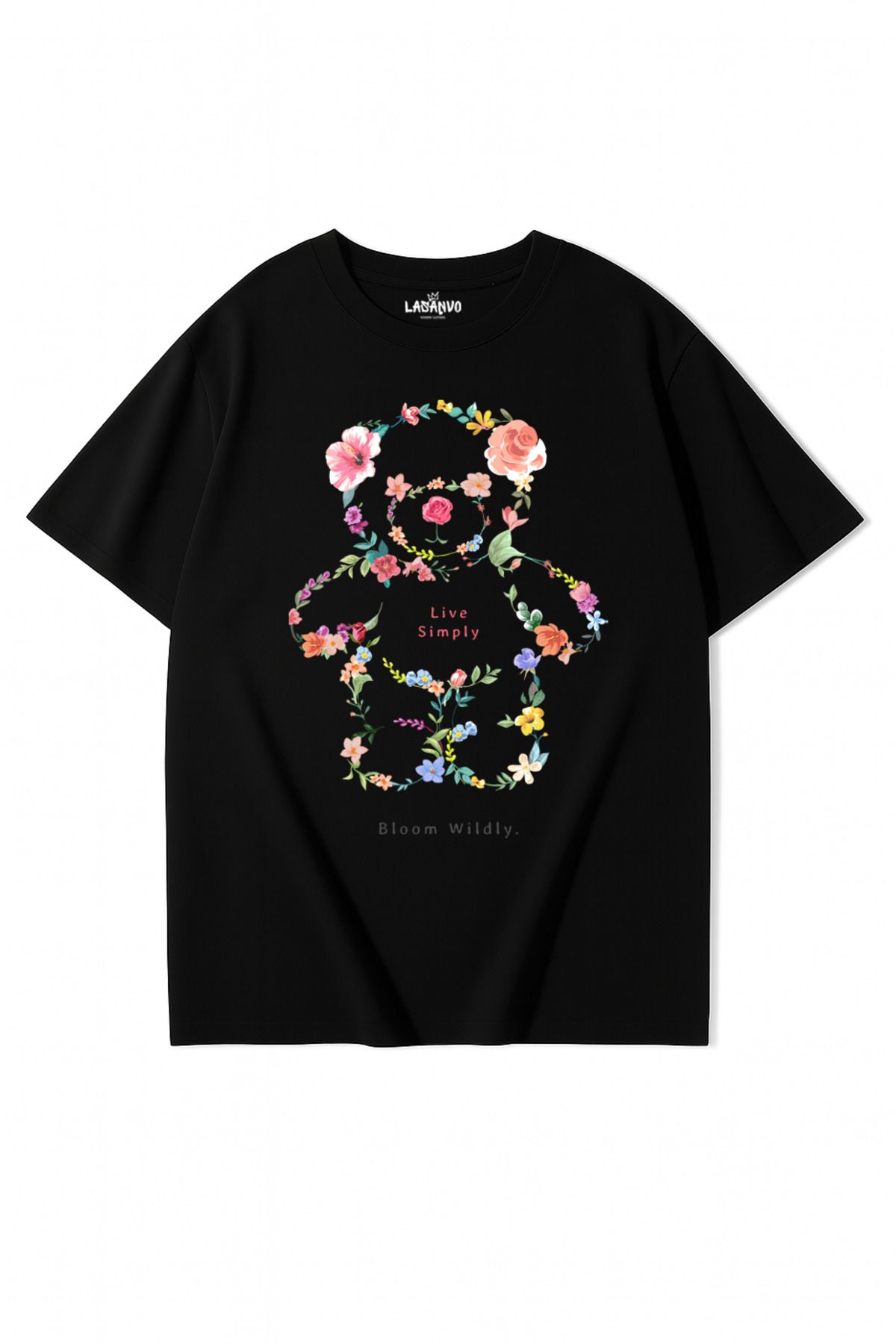 Lasanvo Unisex Oversize Çiçek Desenli Ayıcık Temalı T-shirt