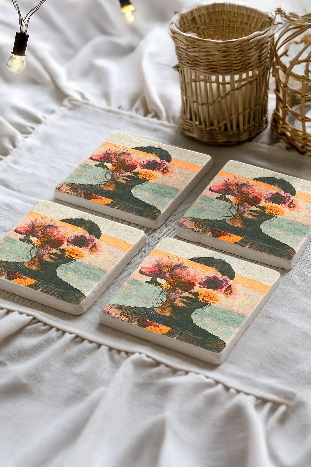 Sionar Florentia Desenleri Taş Traverten Fincan Bardak Altlığı 4'lü Set 10x10x1cm