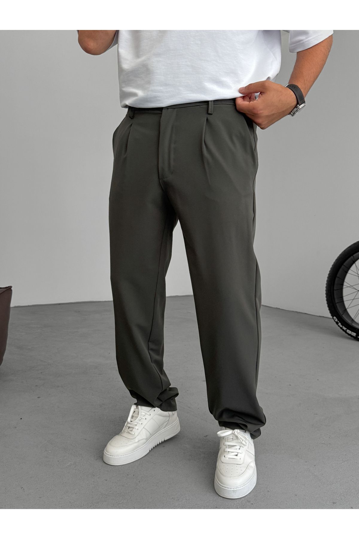 BYBASICMAN Koyu Yeşil Pileli Likralı Baggy Pantolon YP-5005