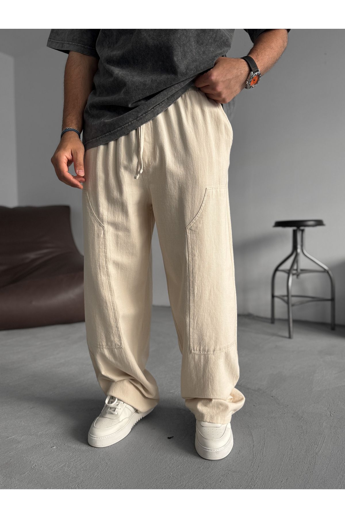 BYBASICMAN Bej Ön Parça Detaylı Baggy Pantolon JJ-95